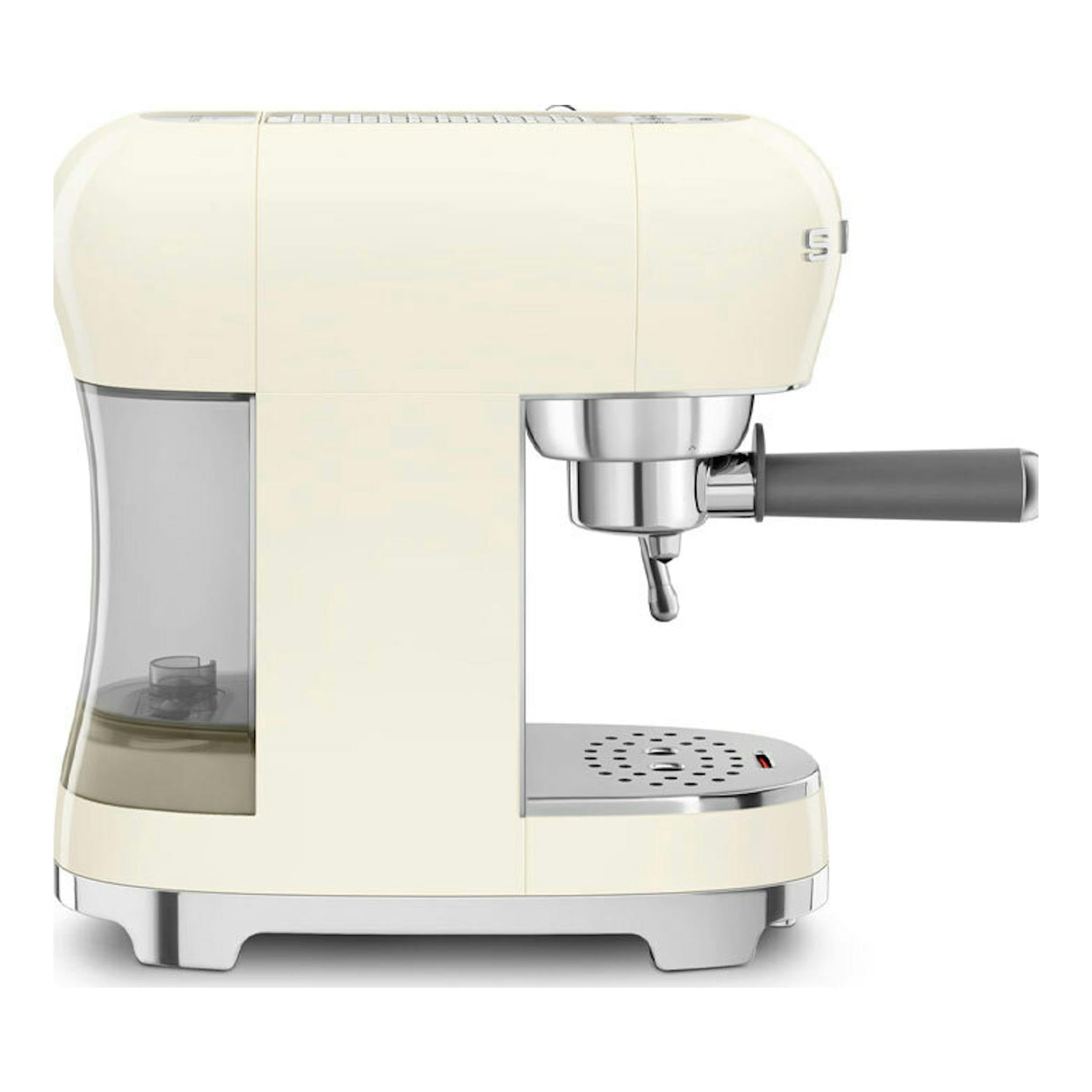 Cafetera espresso Smeg ECF02CREU color crema, vista lateral con portafiltro y depósito de agua visible.