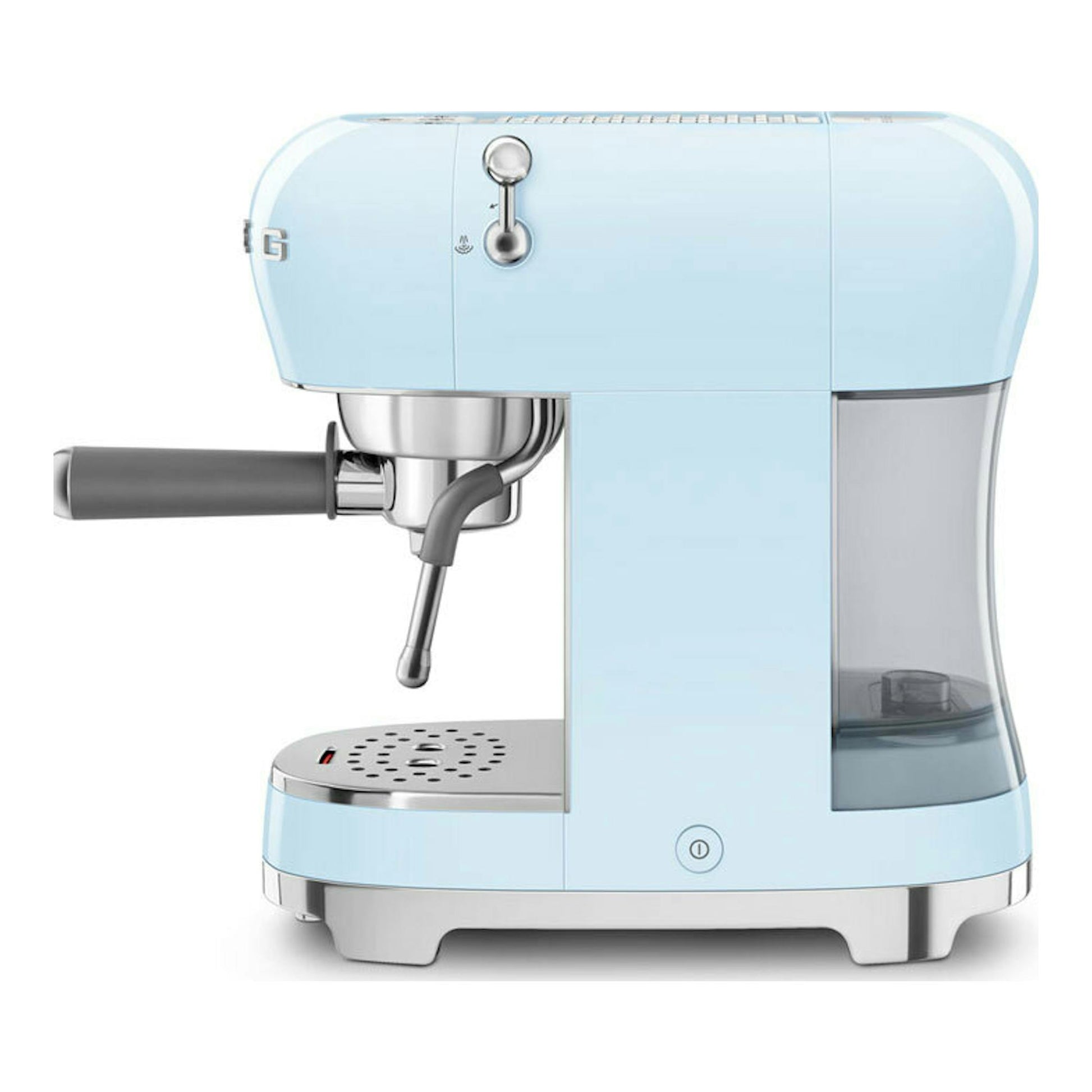 Cafetera espresso Smeg ECF02PBEU azul claro, vista frontal con portafiltro y depósito lateral visible.