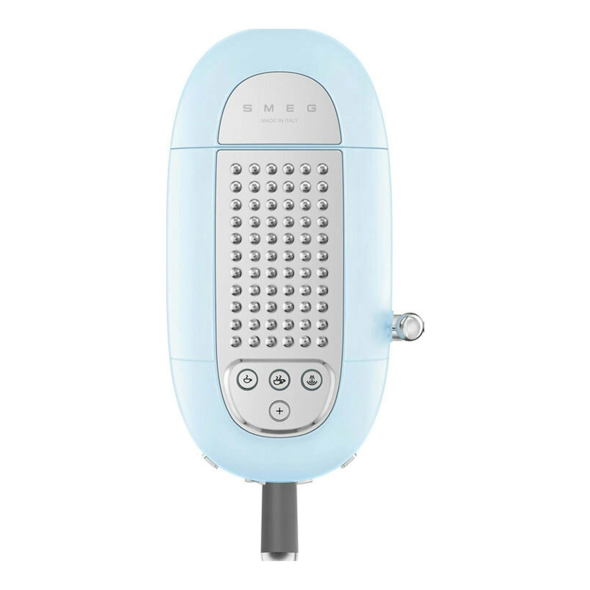 Cafetera expreso Smeg ECF02PBEU azul claro, vista frontal, con panel plateado y controles circulares.