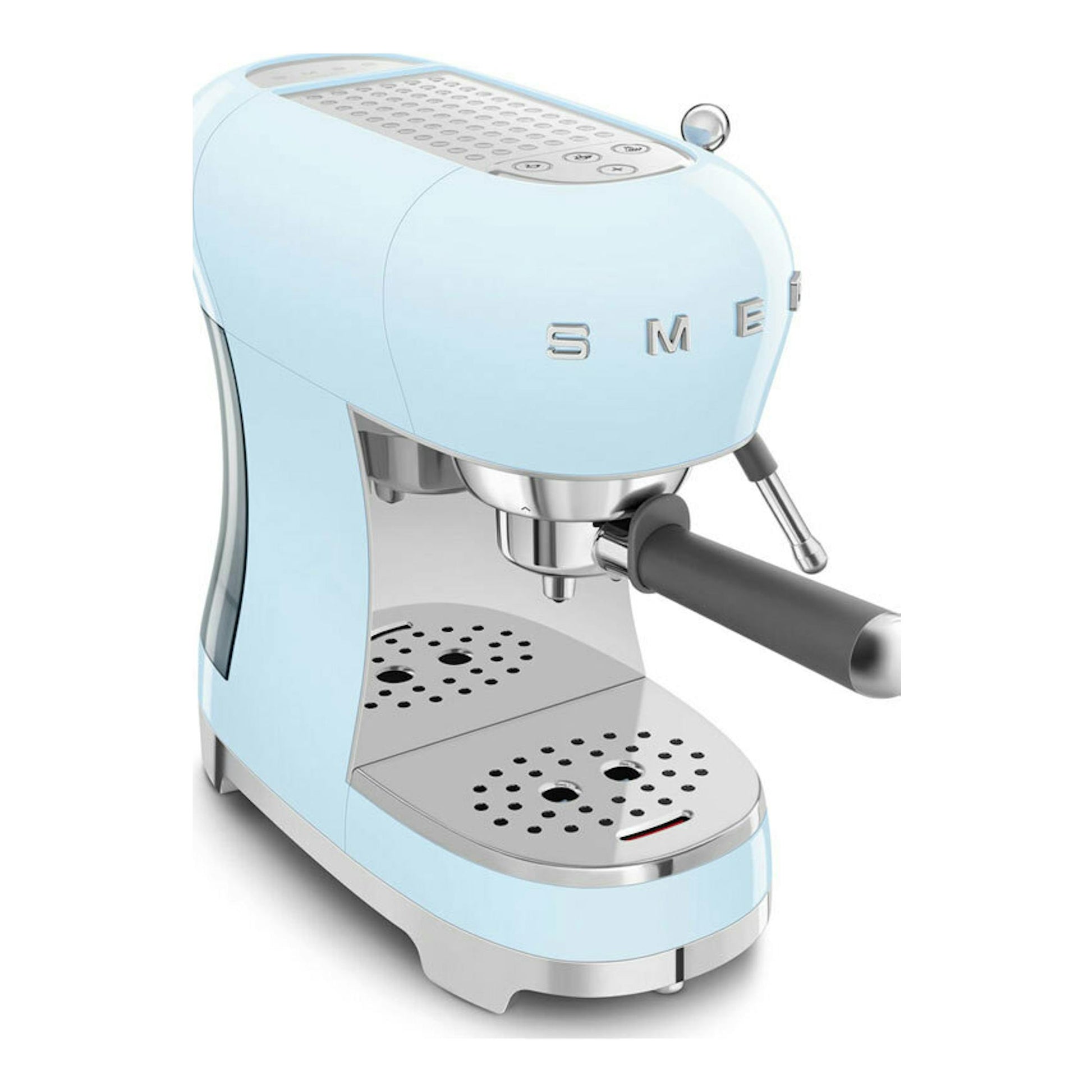 Cafetera espresso Smeg ECF02PBEU azul claro, vista frontal en tres cuartos, con portafiltro y bandeja metálica.