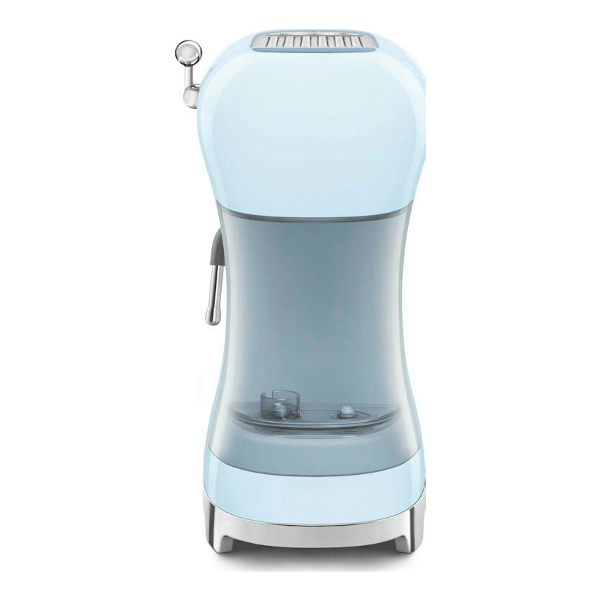 Cafetera espresso Smeg ECF02PBEU azul, vista frontal, con brazo vaporizador y base cromada.