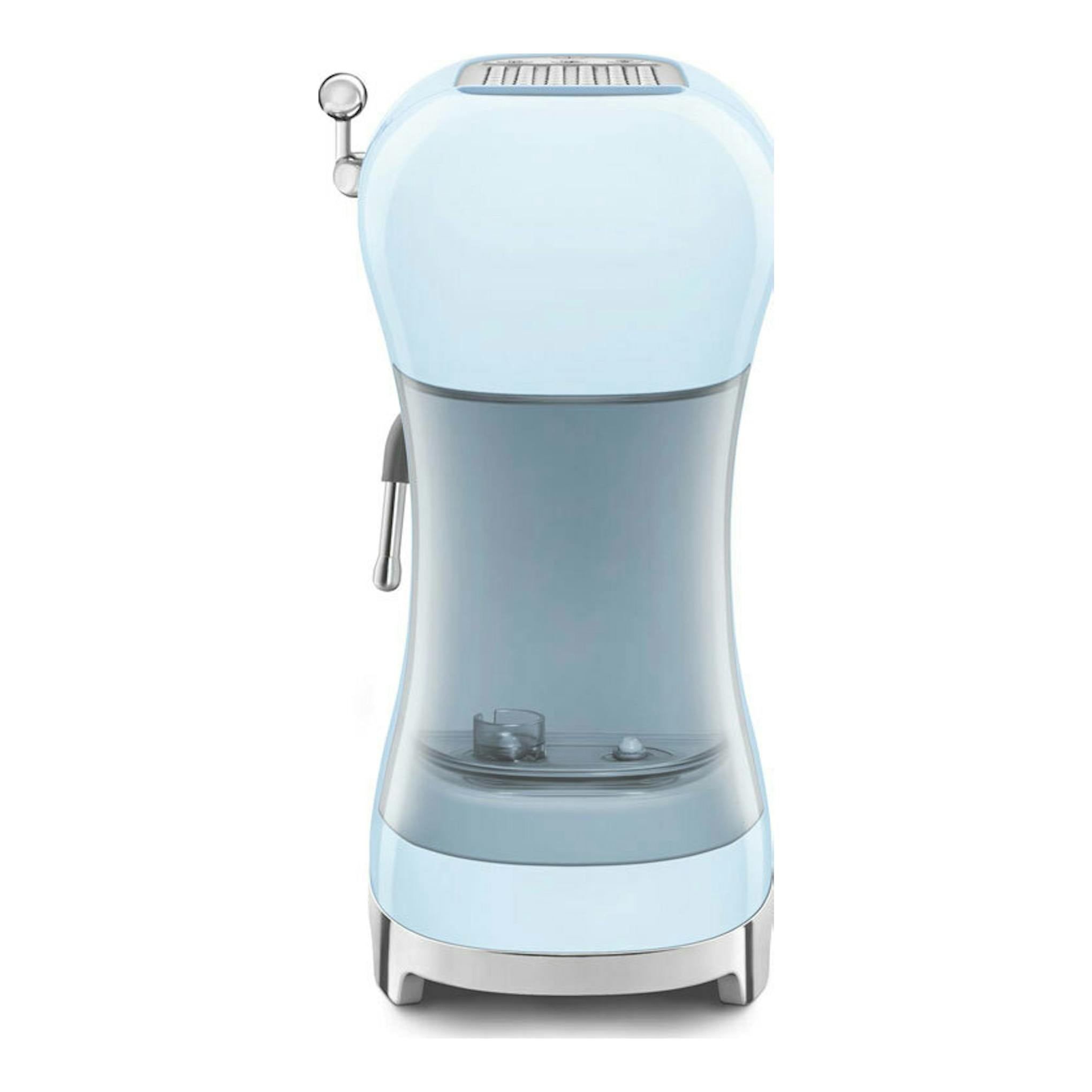 Cafetera espresso Smeg ECF02PBEU azul, vista frontal, con brazo vaporizador y base cromada.