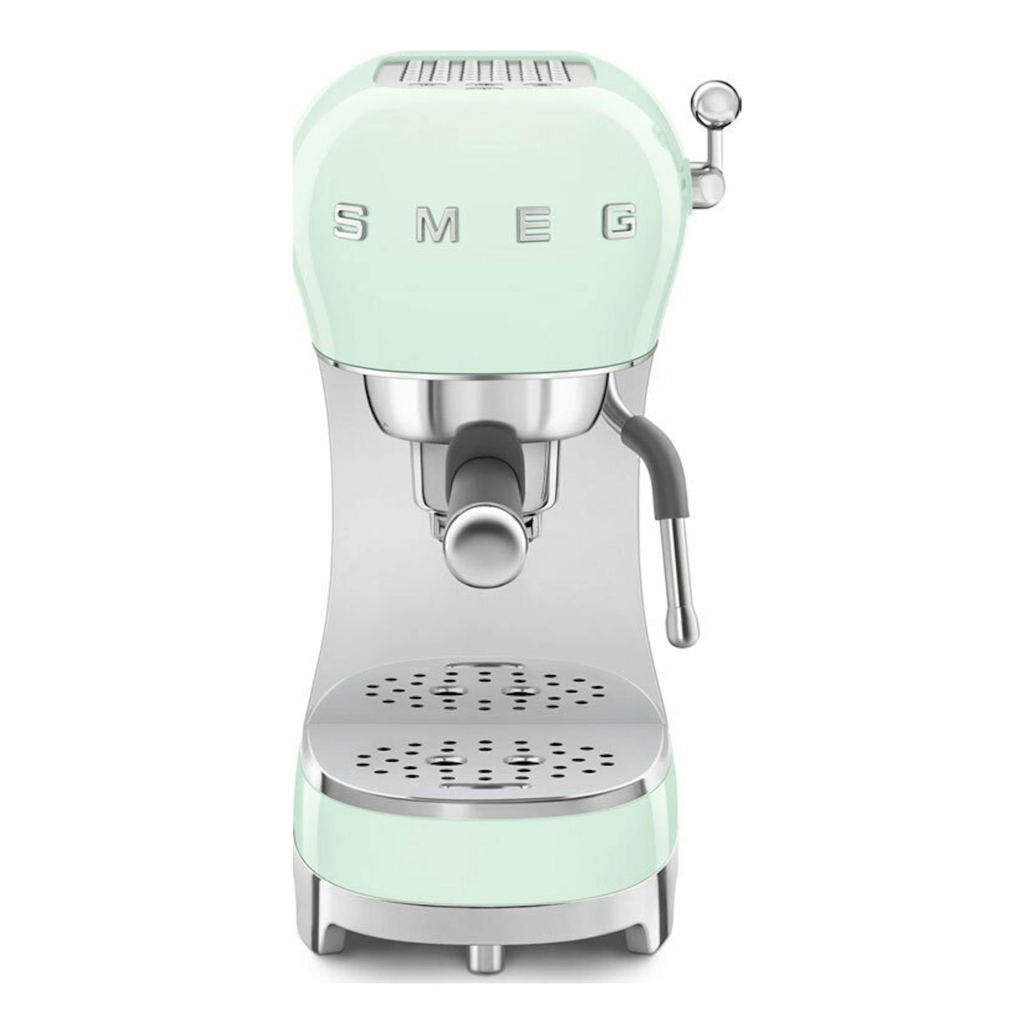 Cafetera espresso Smeg ECF02PGEU verde menta, vista frontal, con detalles plateados.