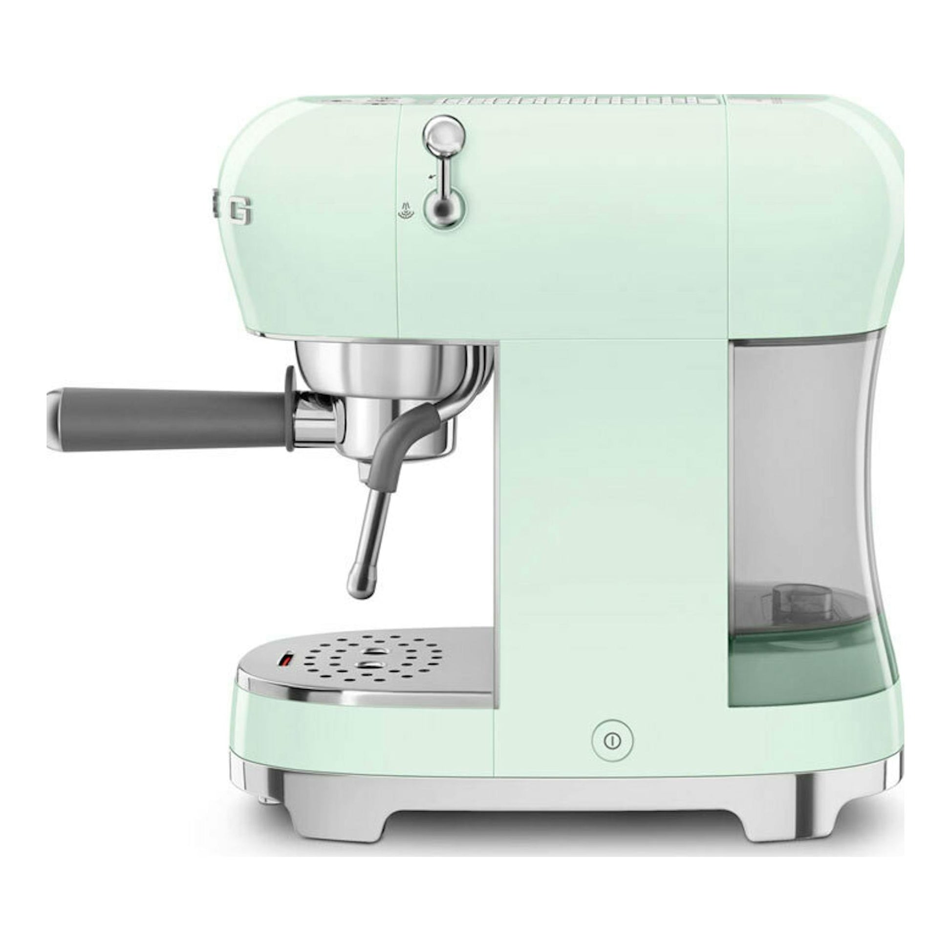 Cafetera espresso Smeg ECF02PGEU verde menta, vista frontal con portafiltro y depósito lateral.