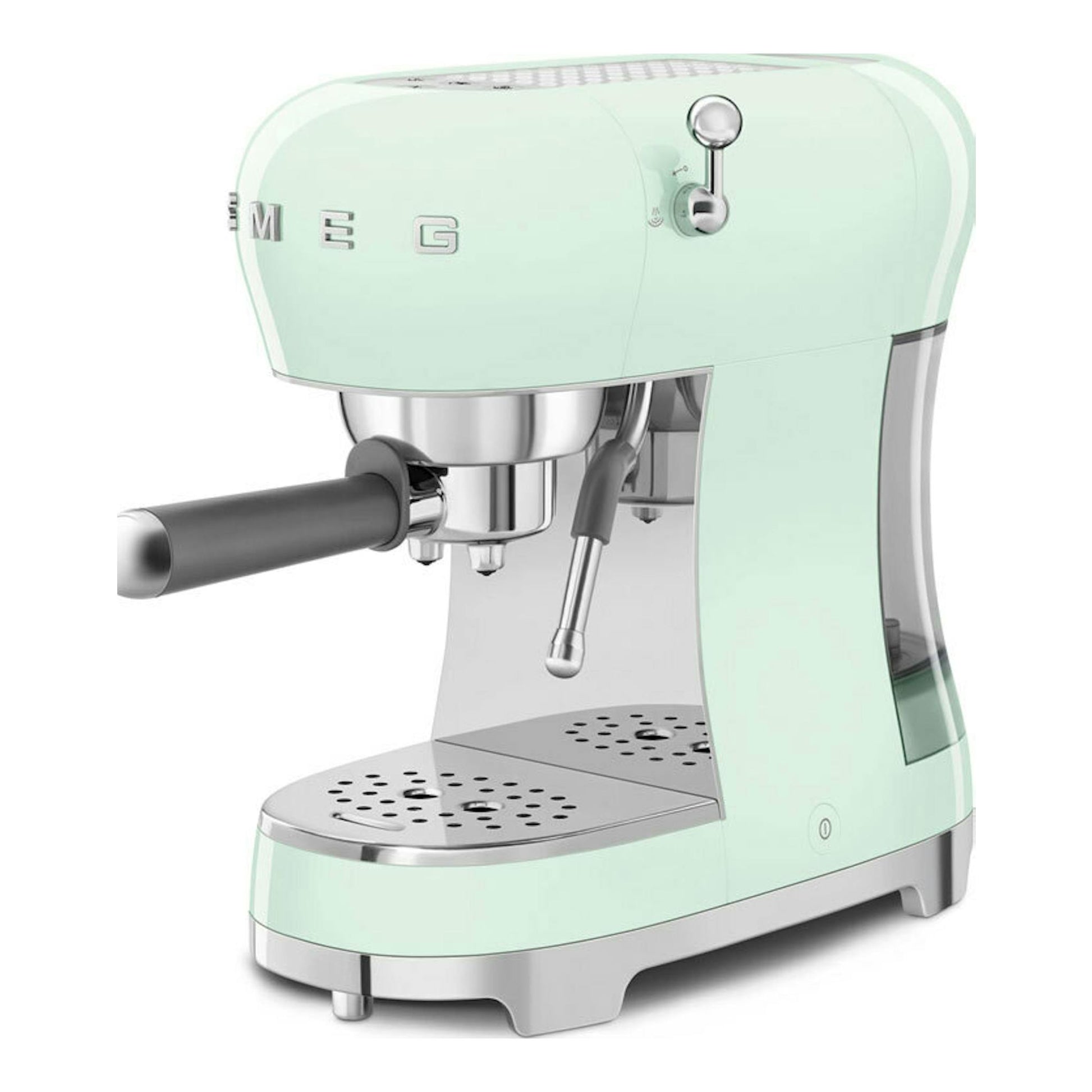 Cafetera espresso Smeg ECF02PGEU verde, vista en tres cuartos, con portafiltro y vaporizador.