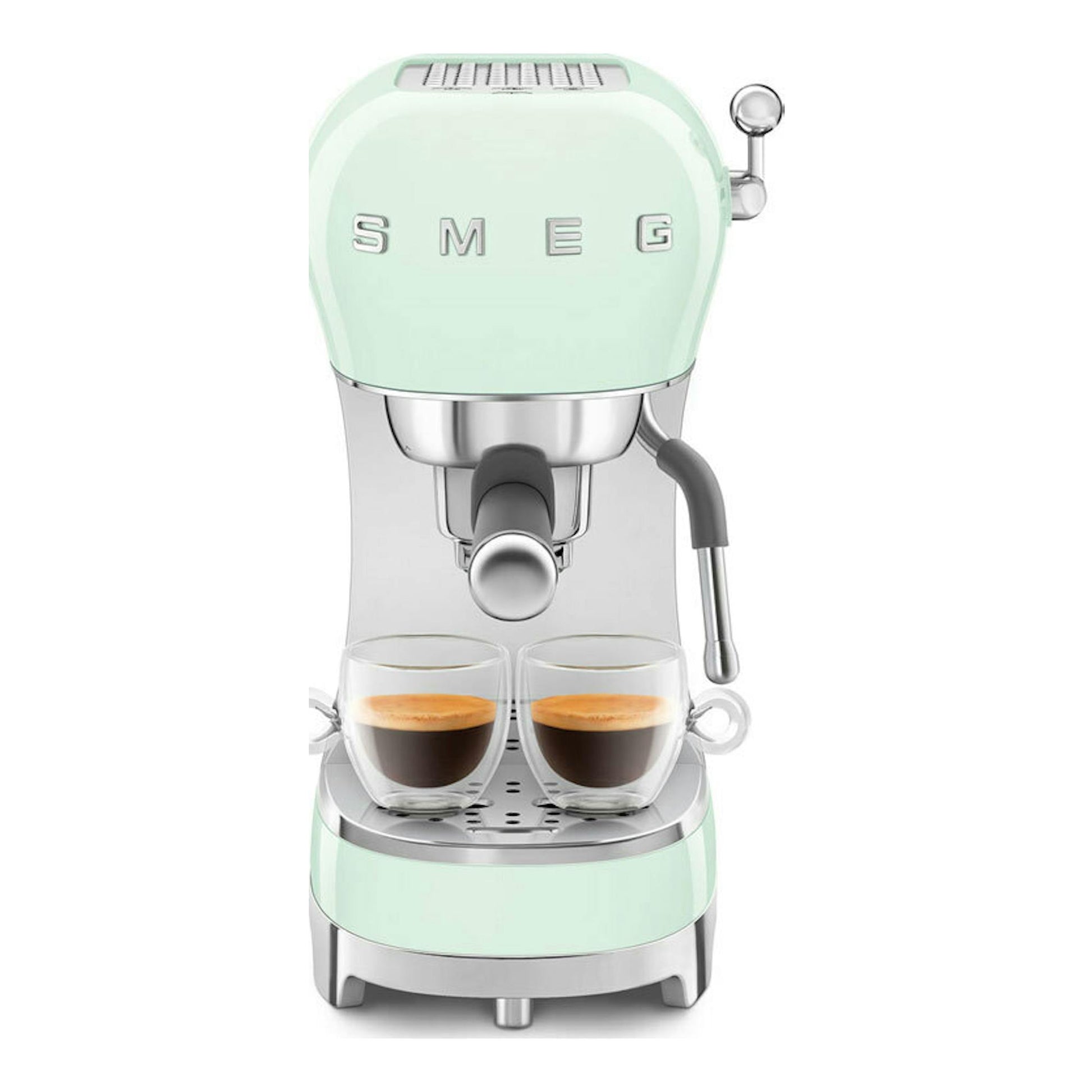 Cafetera espresso Smeg ECF02PGEU verde menta, vista frontal, con dos tazas de espresso.