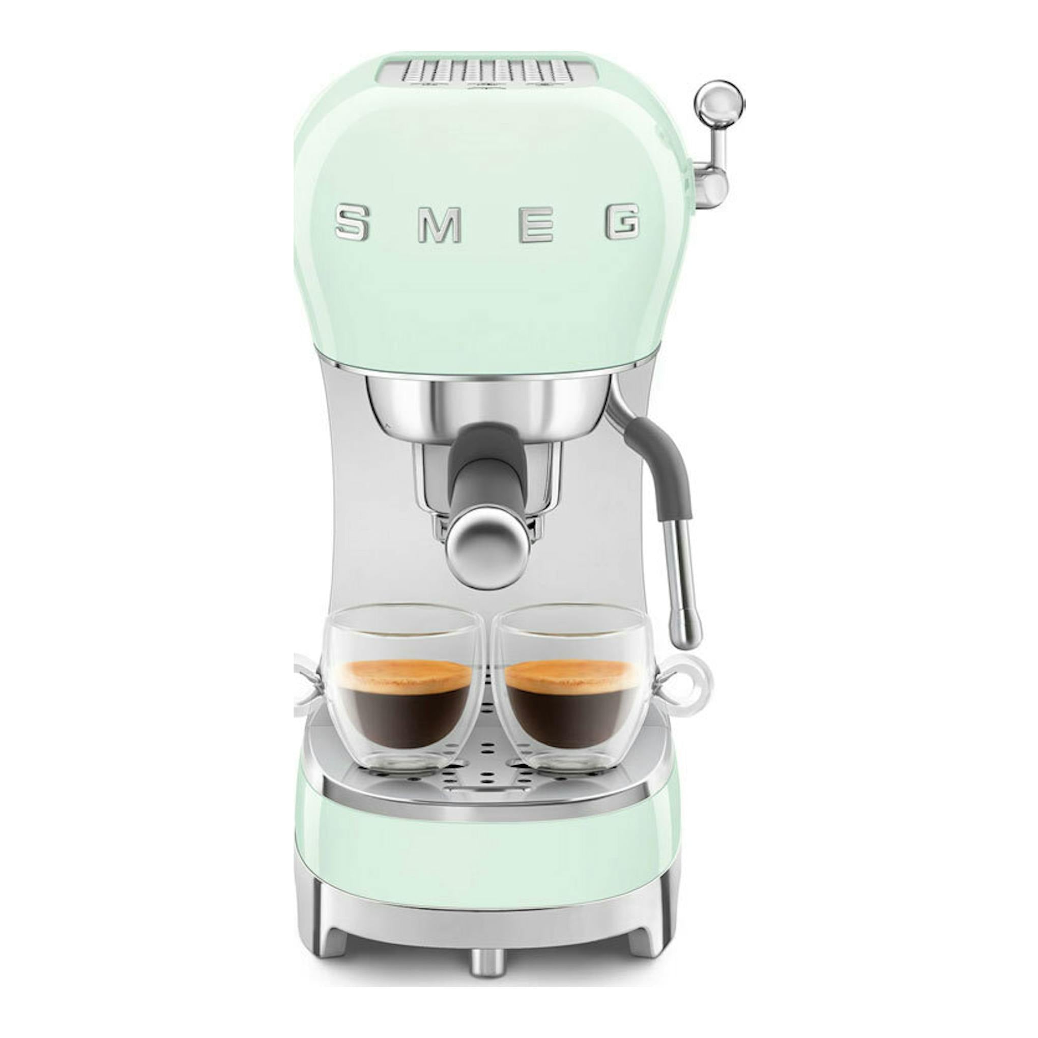 Cafetera espresso Smeg ECF02PGEU verde menta, vista frontal, con dos tazas de espresso.
