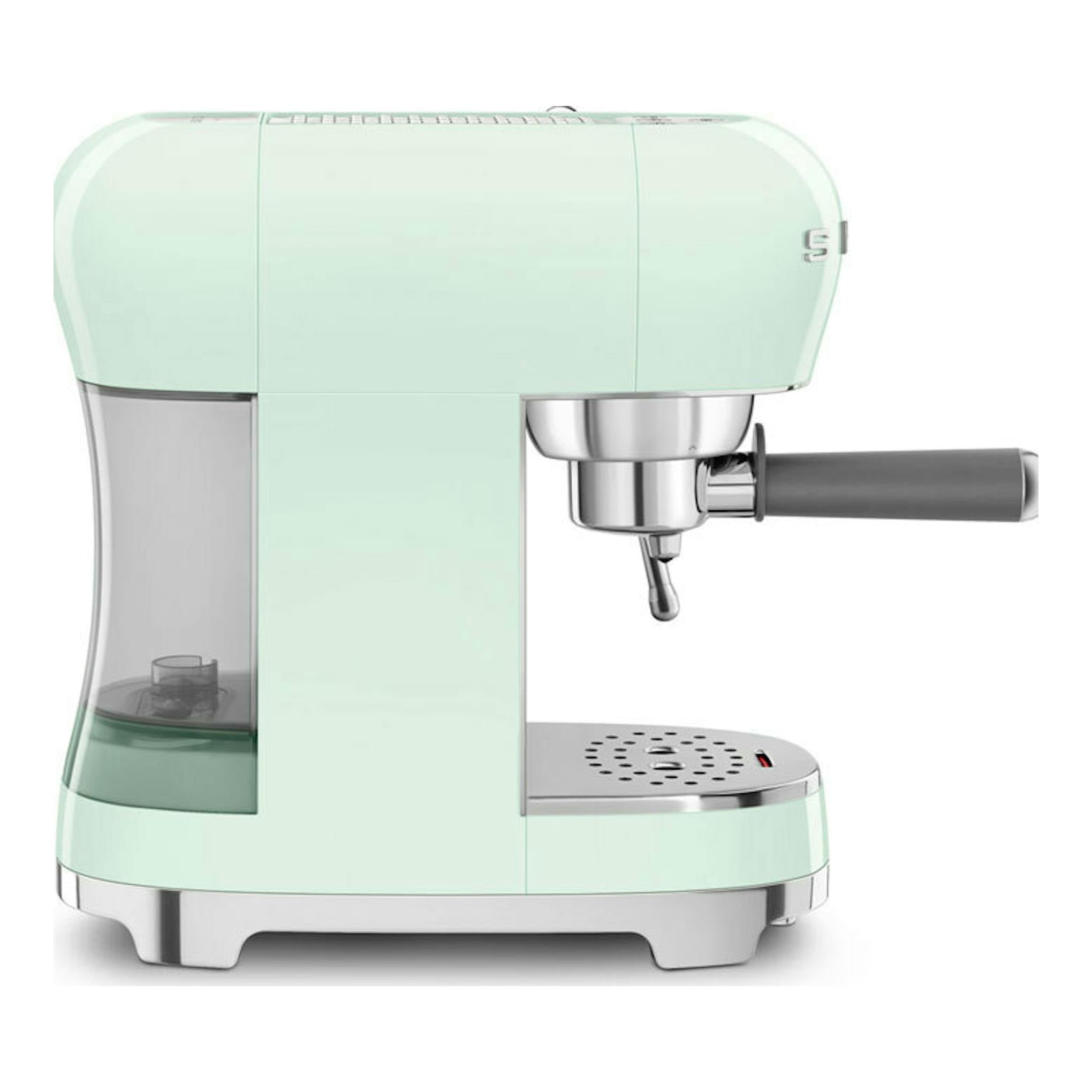Cafetera expreso Smeg ECF02PGEU verde menta, vista lateral, con portafiltro y base plateada.