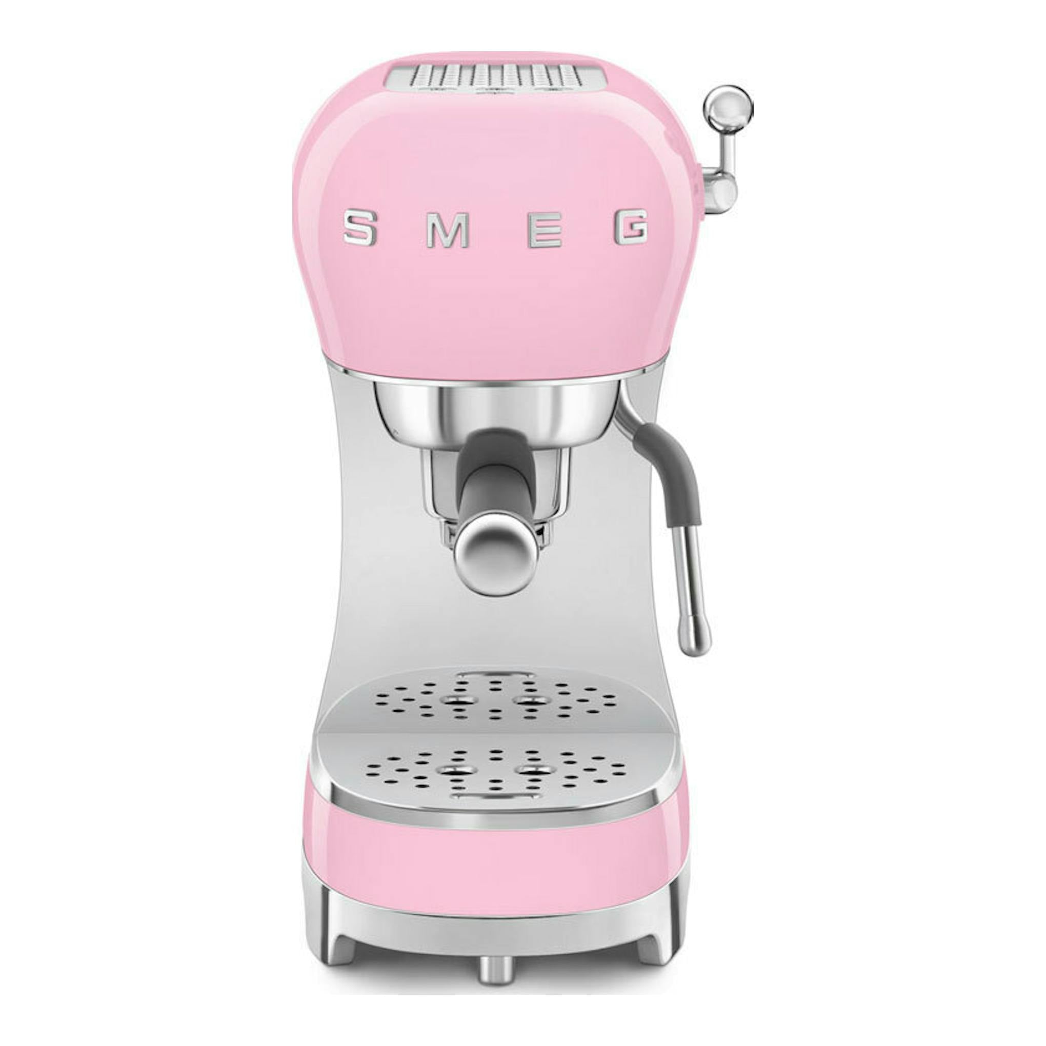 Cafetera espresso Smeg ECF02PKEU rosa, vista frontal, con detalles plateados.