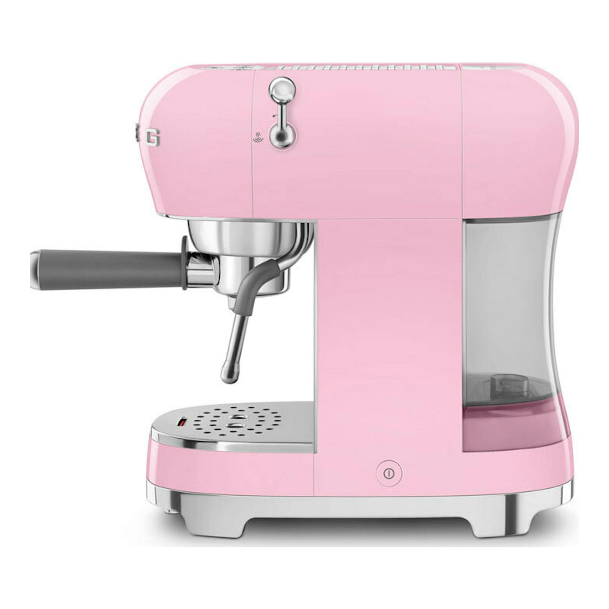 Cafetera espresso Smeg ECF02PKEU rosa, vista frontal lateral, con portafiltro y depósito de agua visible.