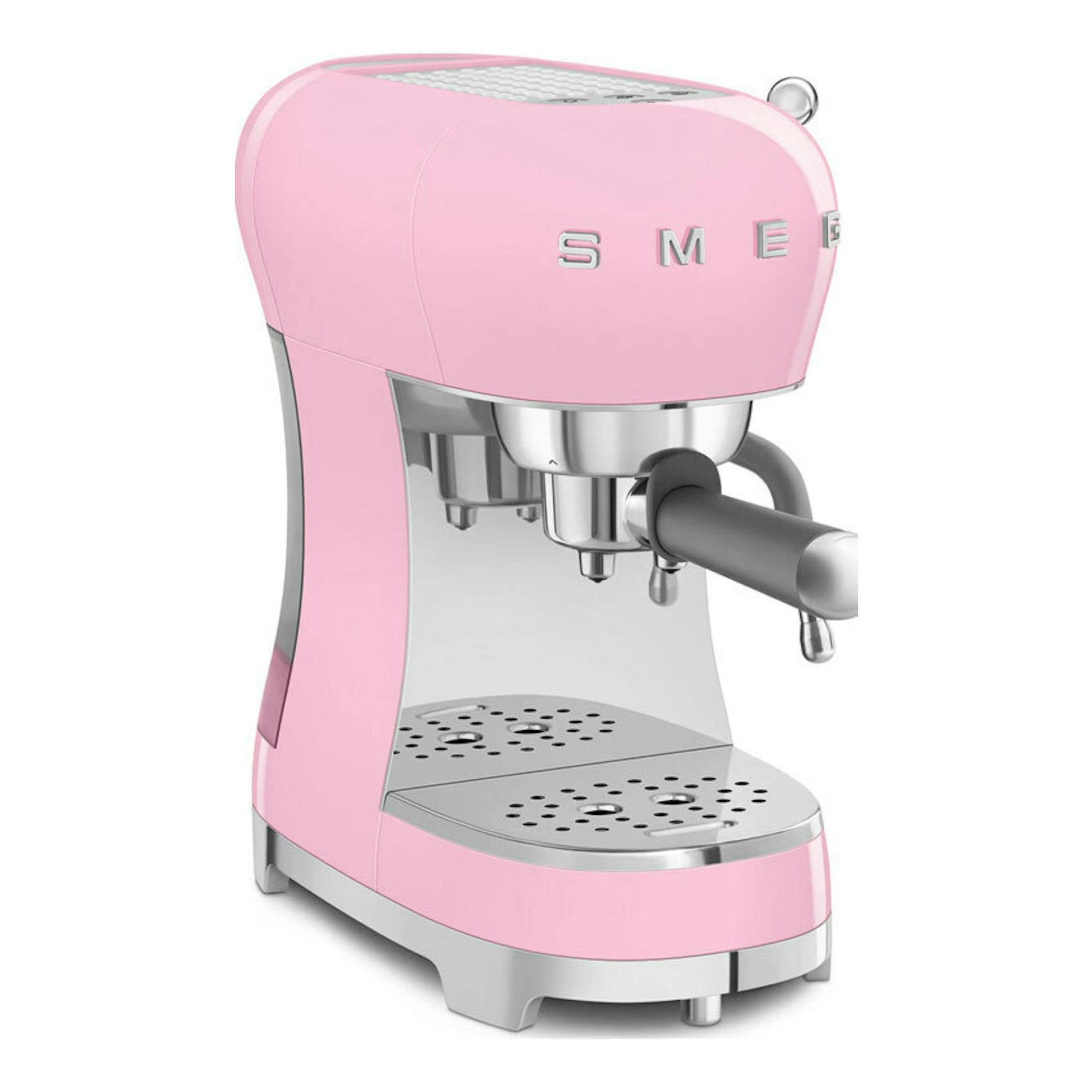 Cafetera espresso Smeg ECF02 rosa, vista frontal en ángulo, con portafiltro y bandeja metálica.
