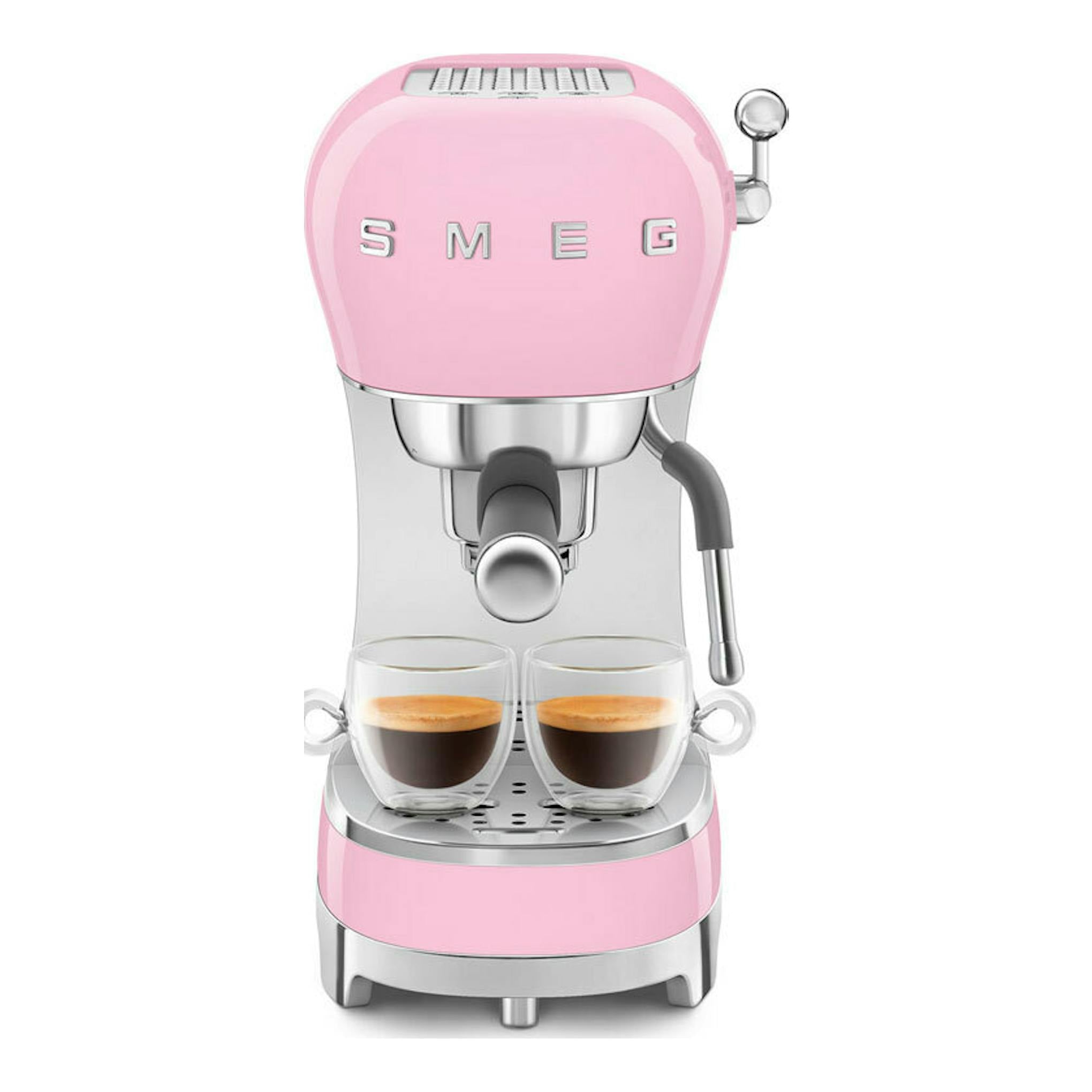 Cafetera espresso Smeg ECF02PKEU rosa, vista frontal, con dos tazas en la bandeja.