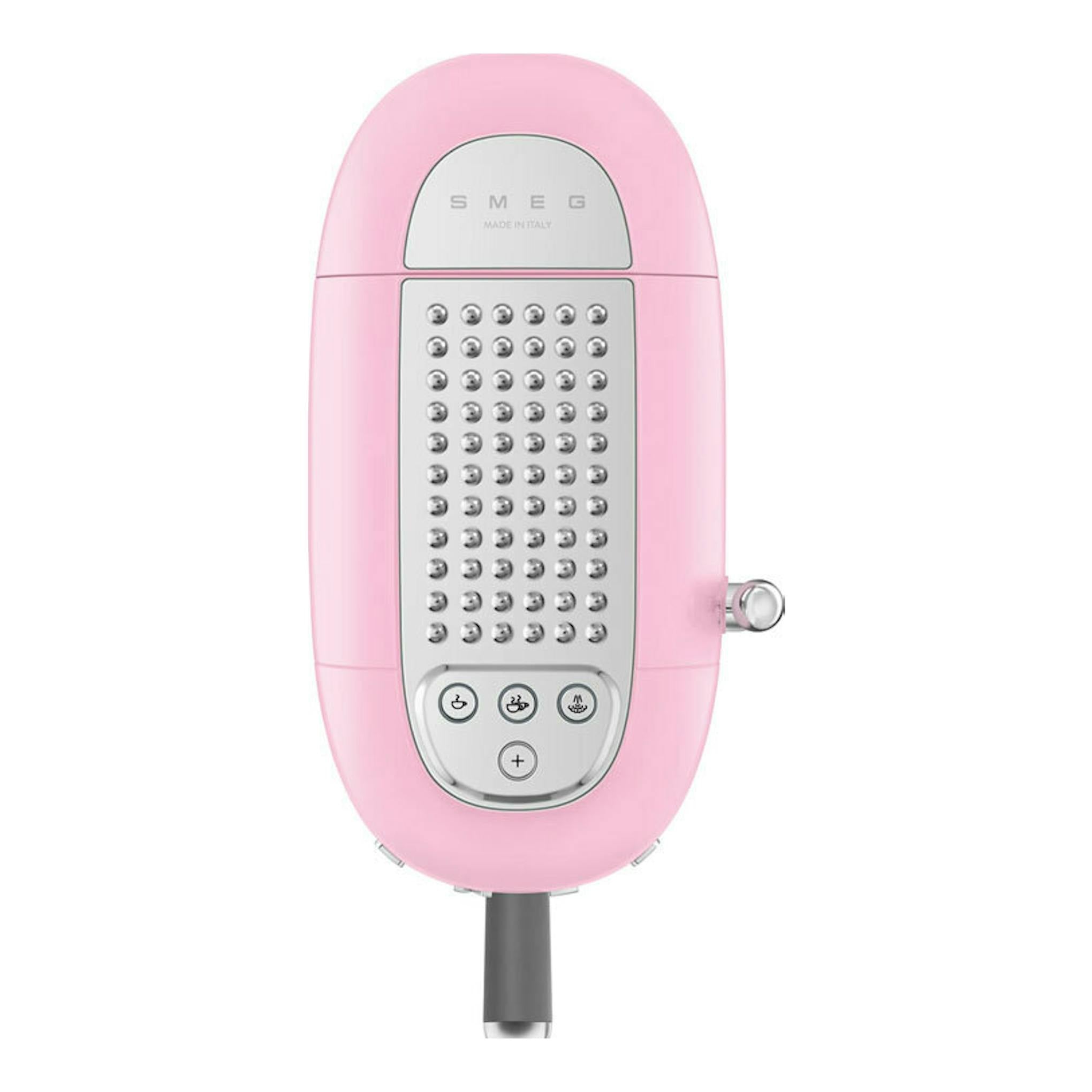 Cafetera espresso Smeg ECF02PKEU rosa, vista frontal, con panel plateado.