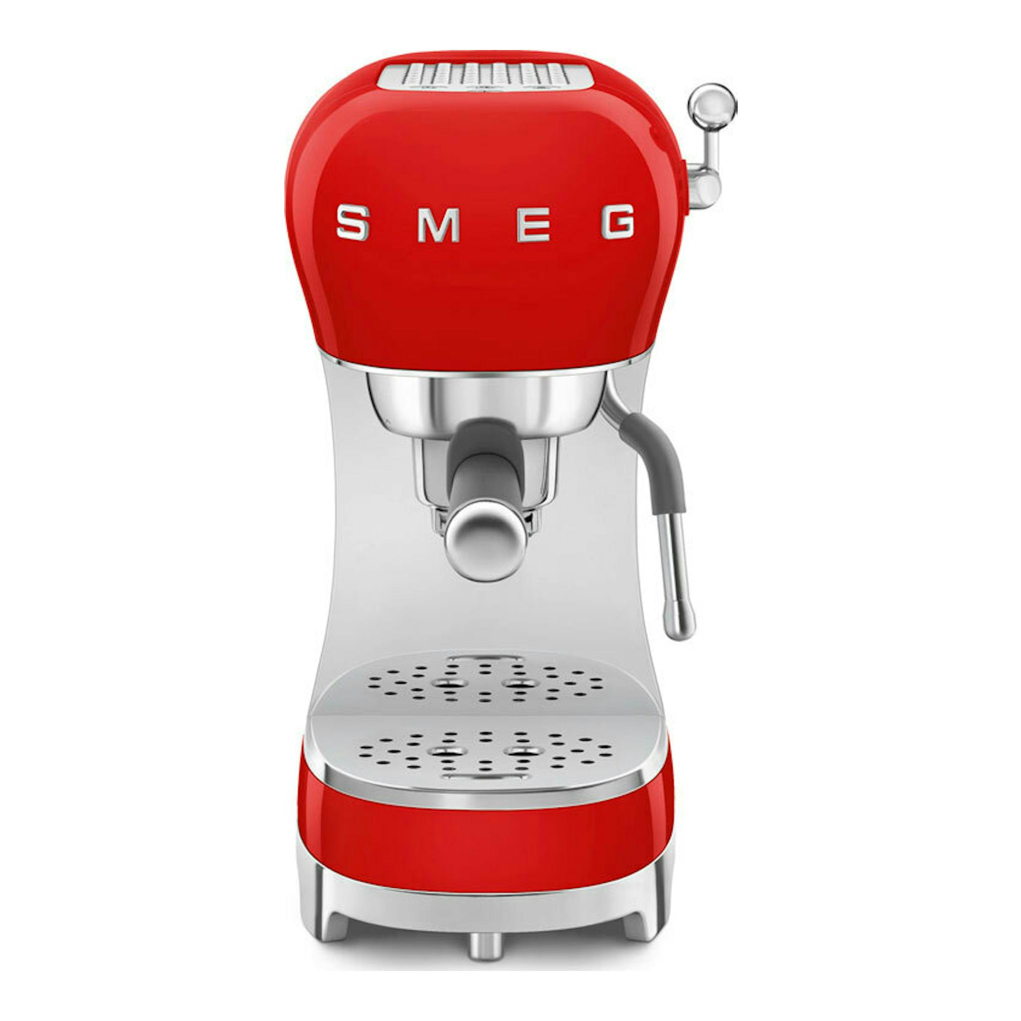 Cafetera espresso Smeg ECF02RDEU roja, vista frontal, con detalles plateados.
