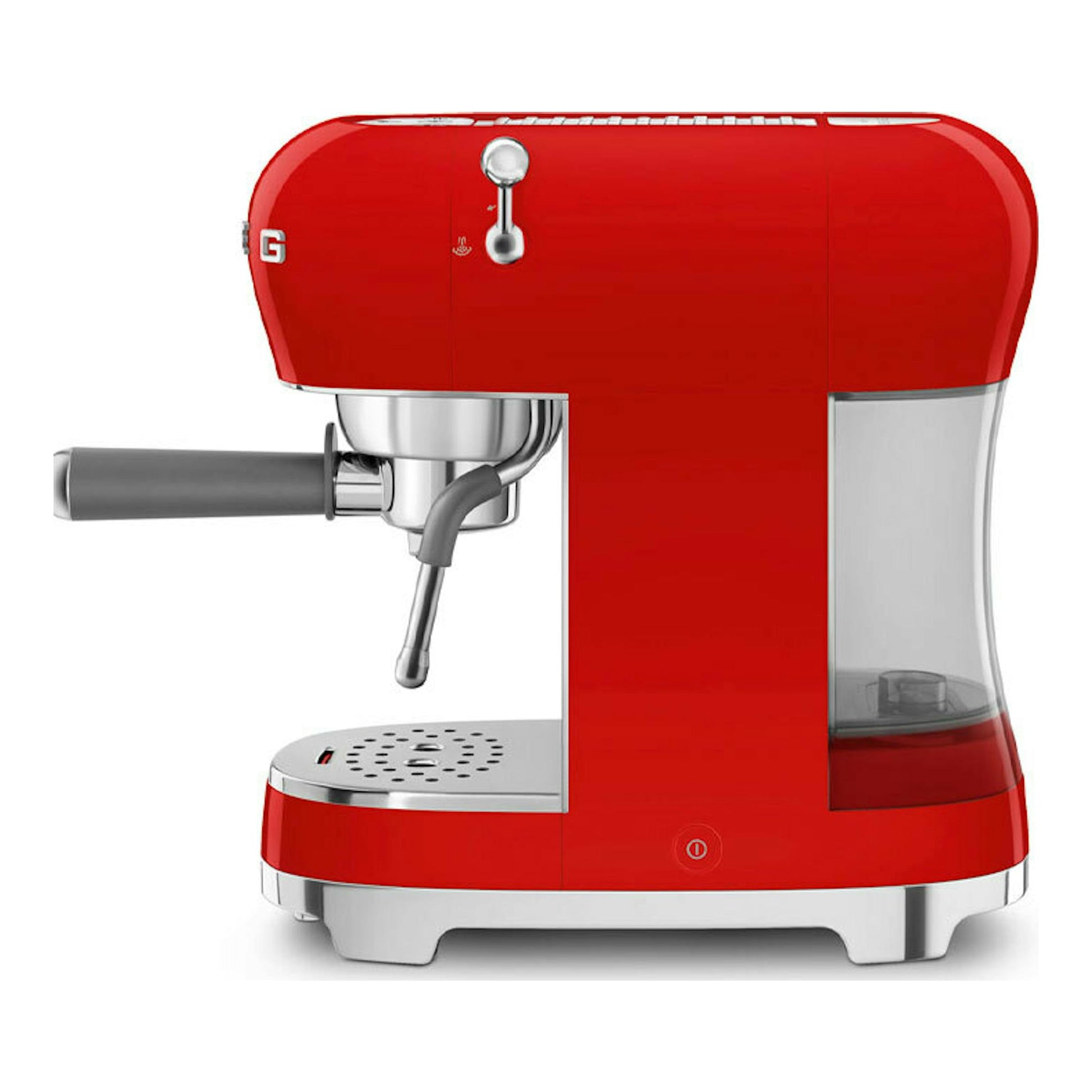 Cafetera espresso Smeg ECF02RDEU roja, vista frontal lateral con portafiltro y depósito de agua transparente.