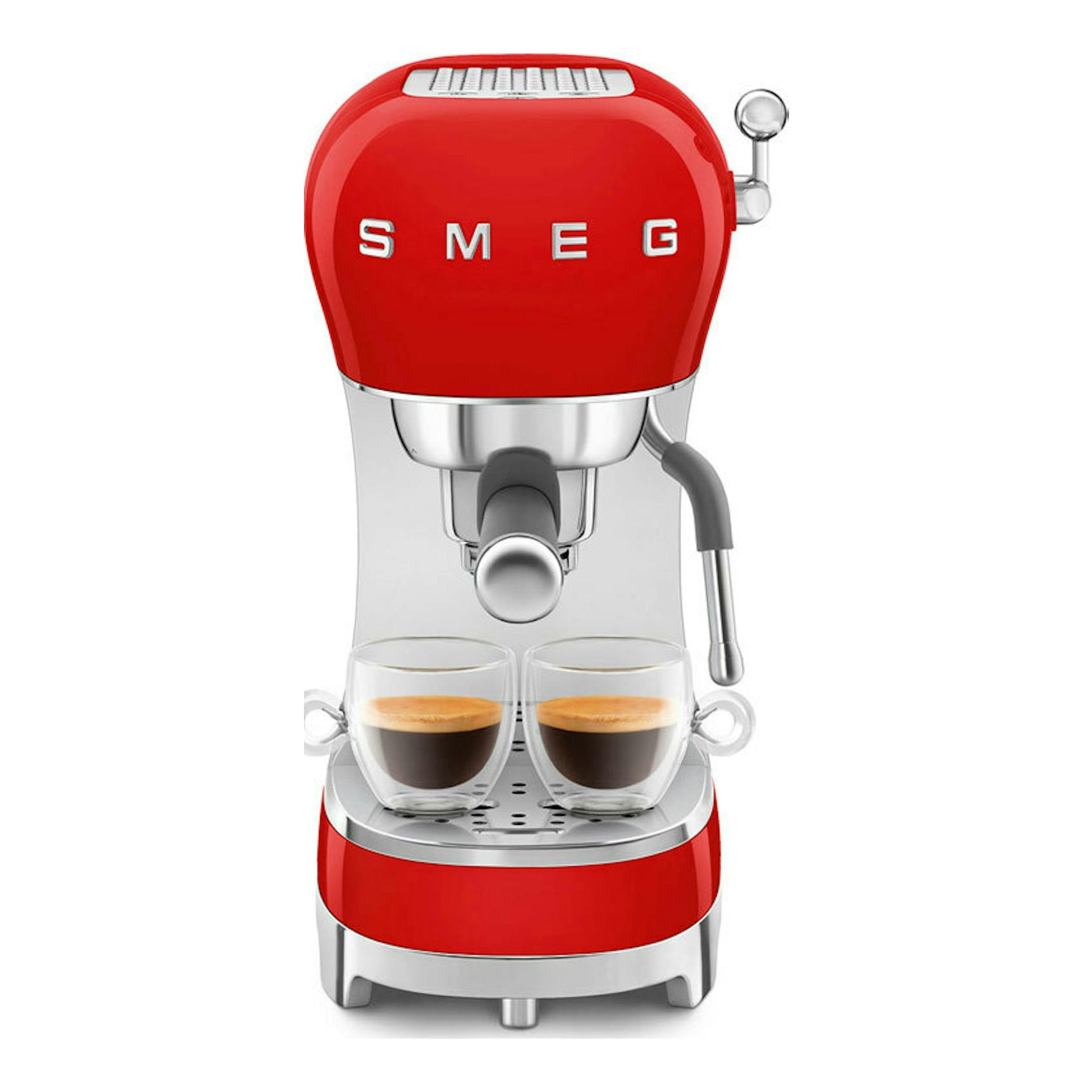 Cafetera espresso Smeg ECF02RDEU roja, vista frontal, con dos tazas sobre la bandeja.