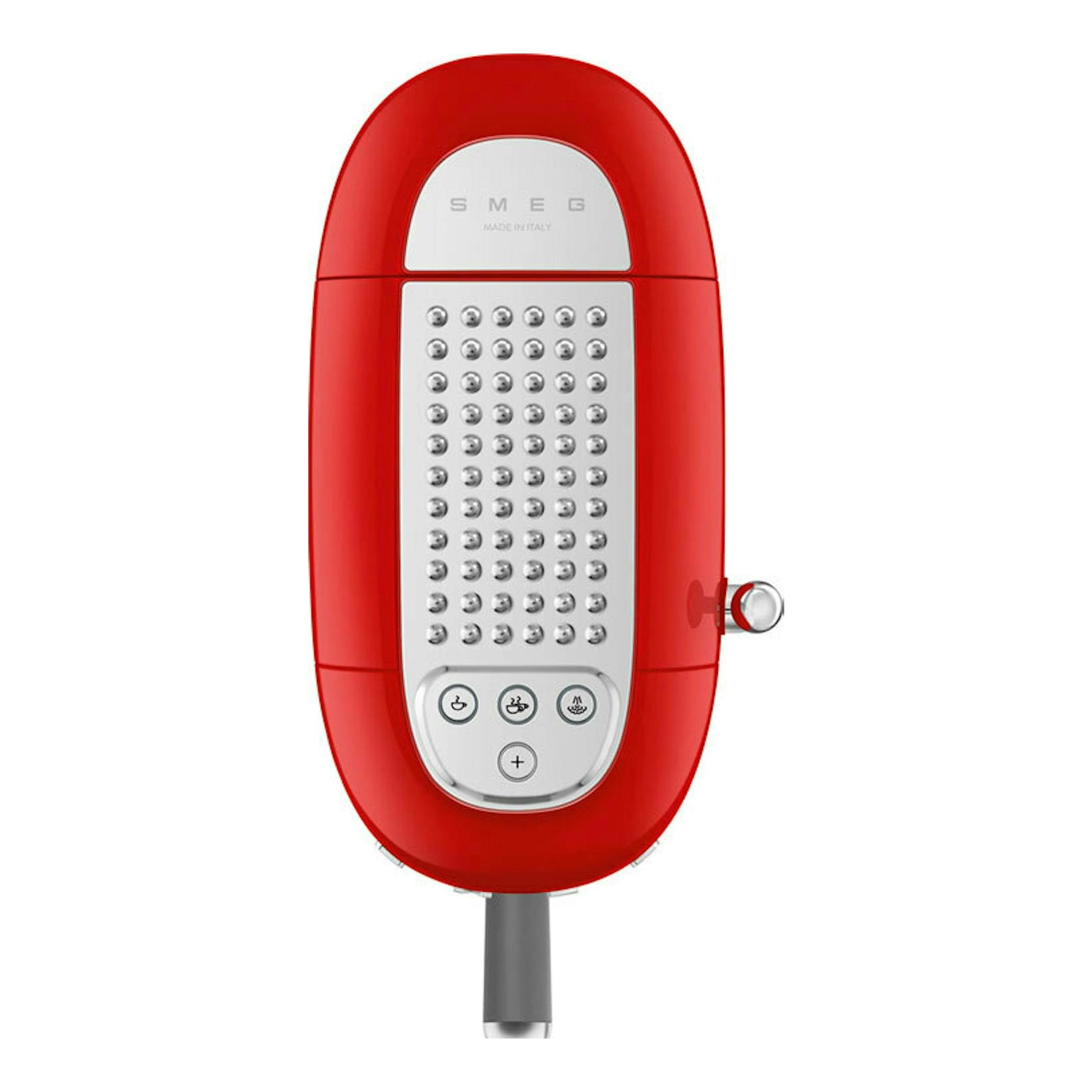 Cafetera espresso Smeg ECF02RDEU roja, vista frontal, con panel plateado y botones circulares.