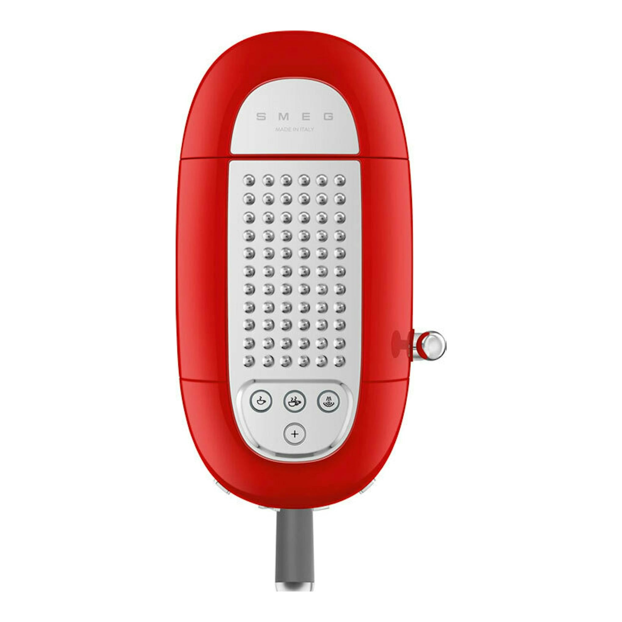 Cafetera espresso Smeg ECF02RDEU roja, vista frontal, con panel plateado y botones circulares.