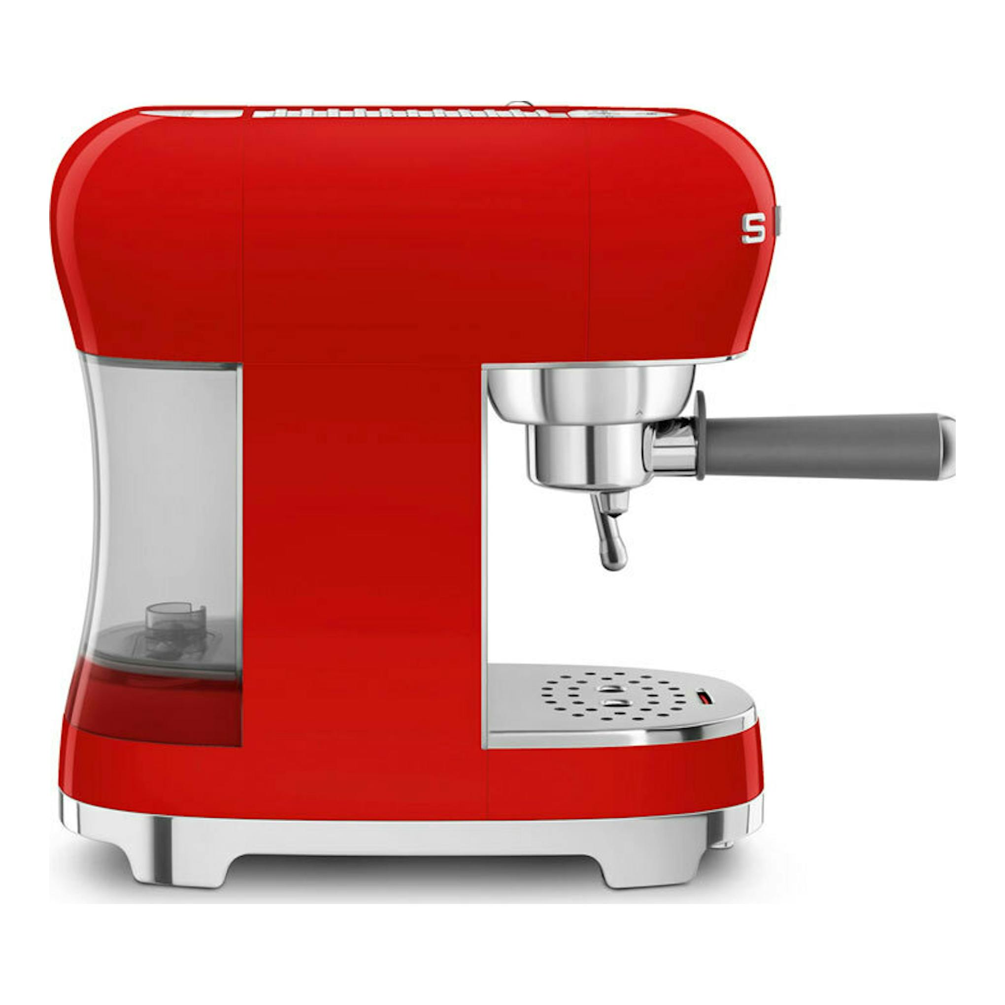 Máquina de espresso Smeg ECF02RDEU roja, vista lateral sobre fondo blanco.