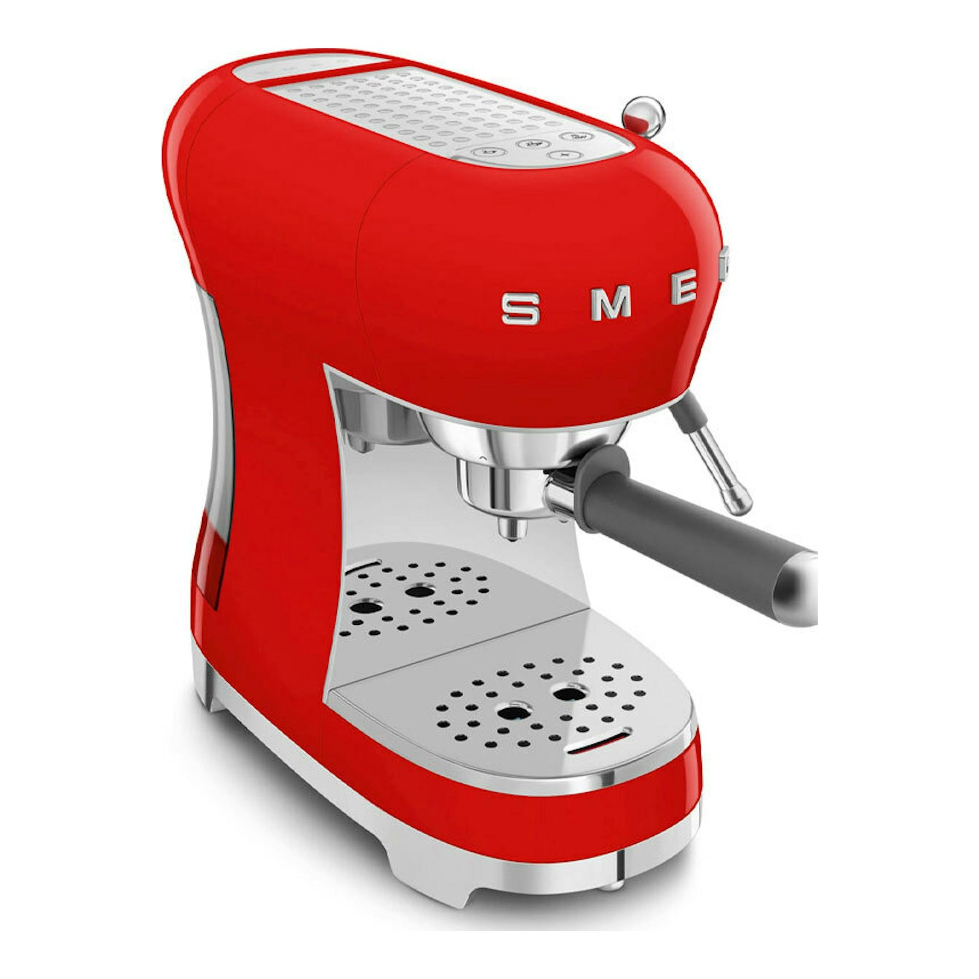 Cafetera espresso Smeg ECF02RDEU roja, vista en tres cuartos frontal, con portafiltro y bandeja metálica.