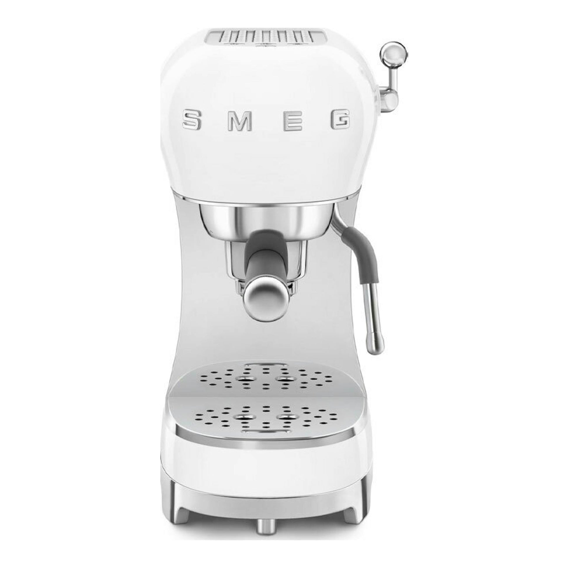 Cafetera espresso Smeg ECF02WHEU blanca, vista frontal, con vaporizador lateral y bandeja perforada.