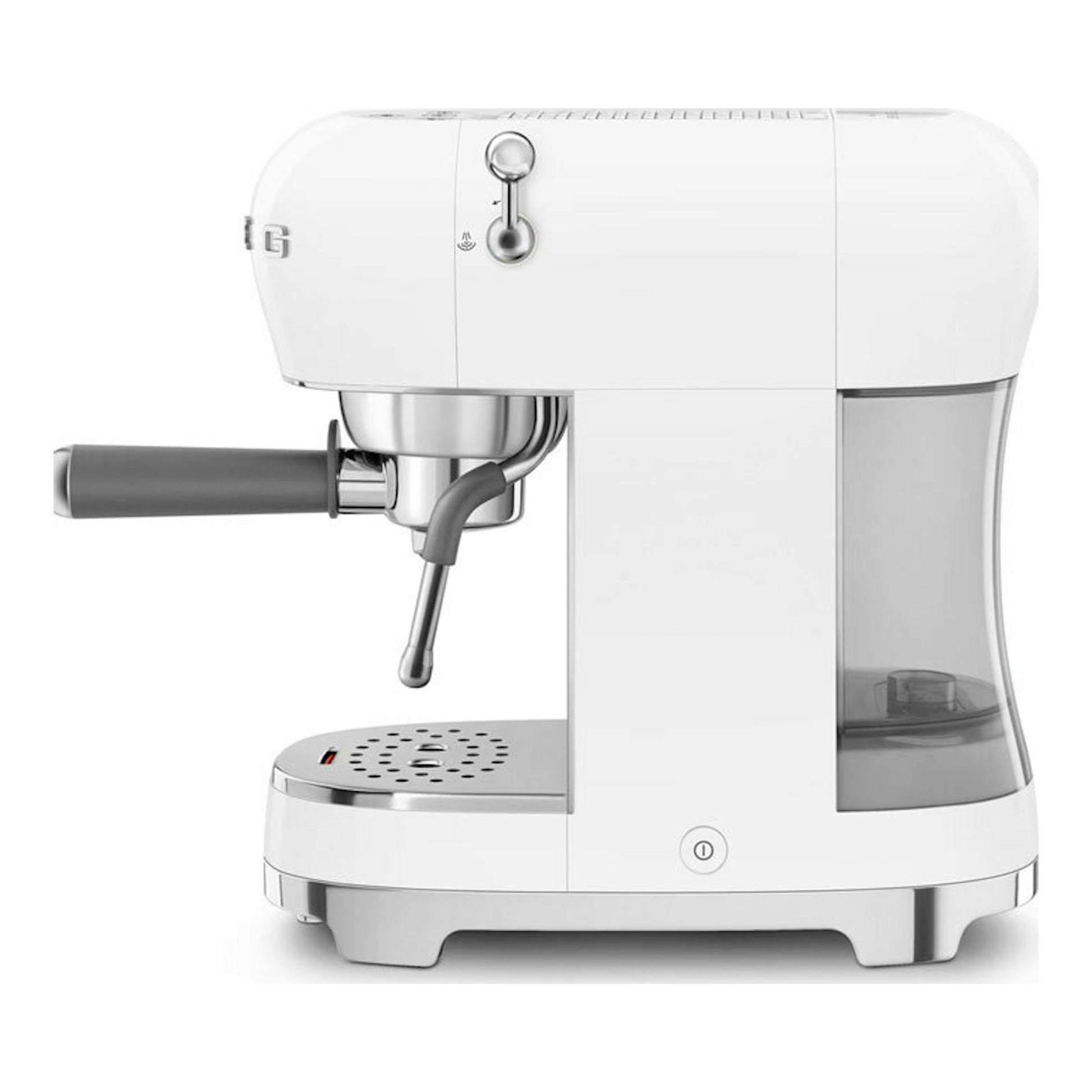 Cafetera espresso Smeg ECF02WHEU blanca, vista frontal, con portafiltro y depósito lateral transparente.