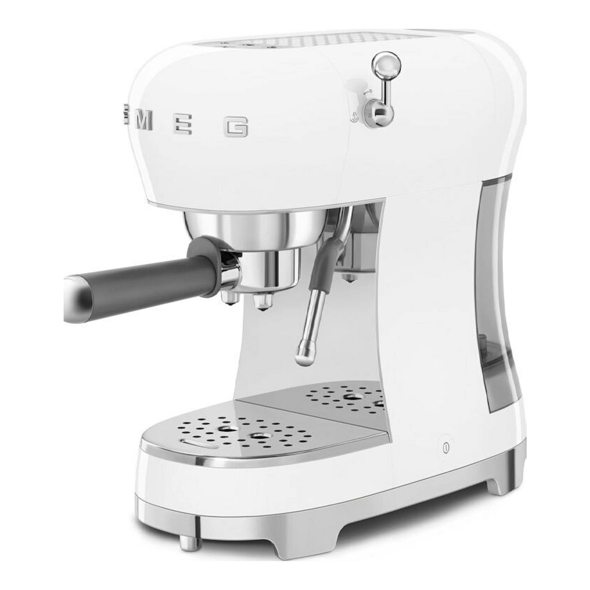 Cafetera espresso Smeg ECF02WHEU blanca, vista frontal en ángulo, con portafiltro y vaporizador.