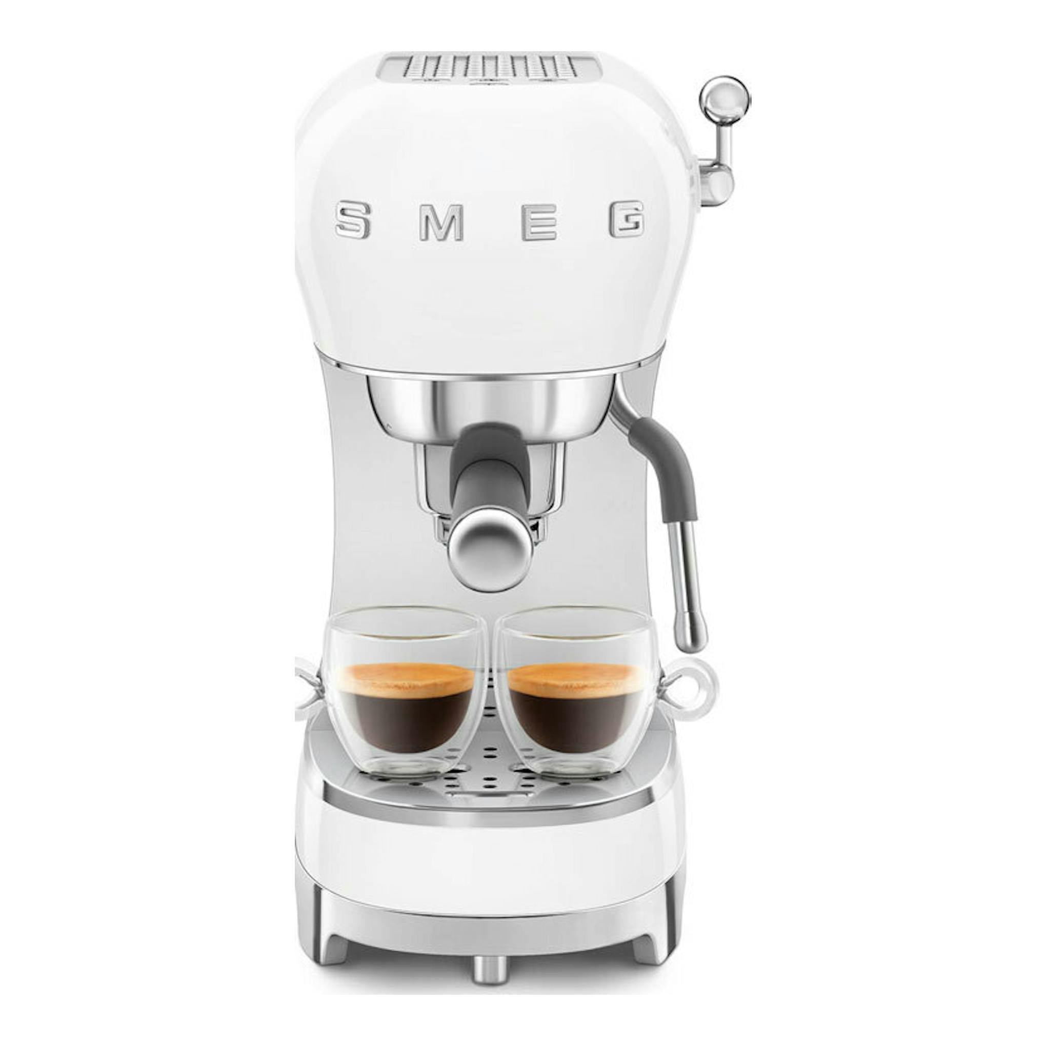 Cafetera espresso Smeg ECF02WHEU blanca, vista frontal, con dos tazas de café sobre la base.