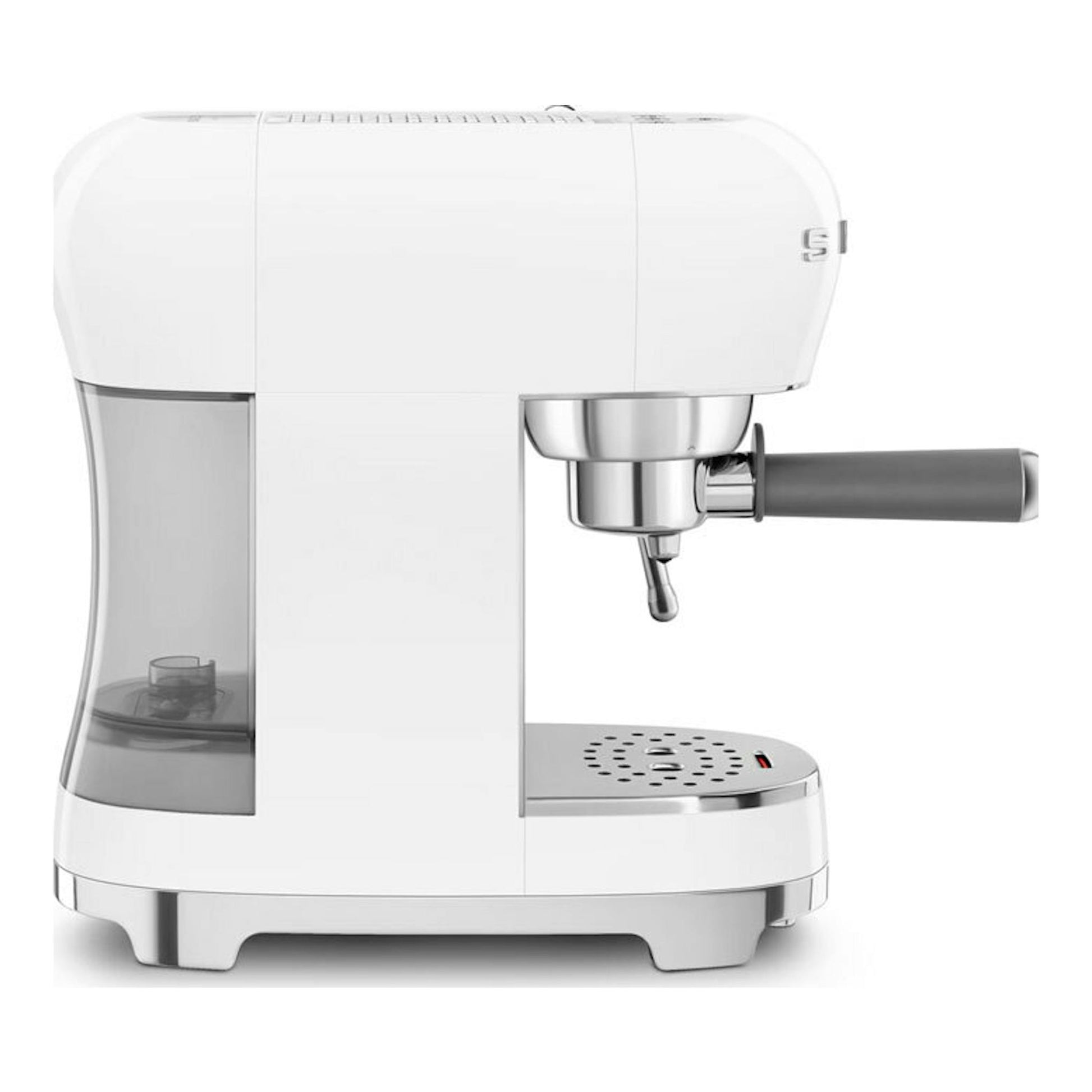 Cafetera expreso Smeg ECF02WHEU blanca, vista frontal lateral, con portafiltro y depósito de agua lateral.
