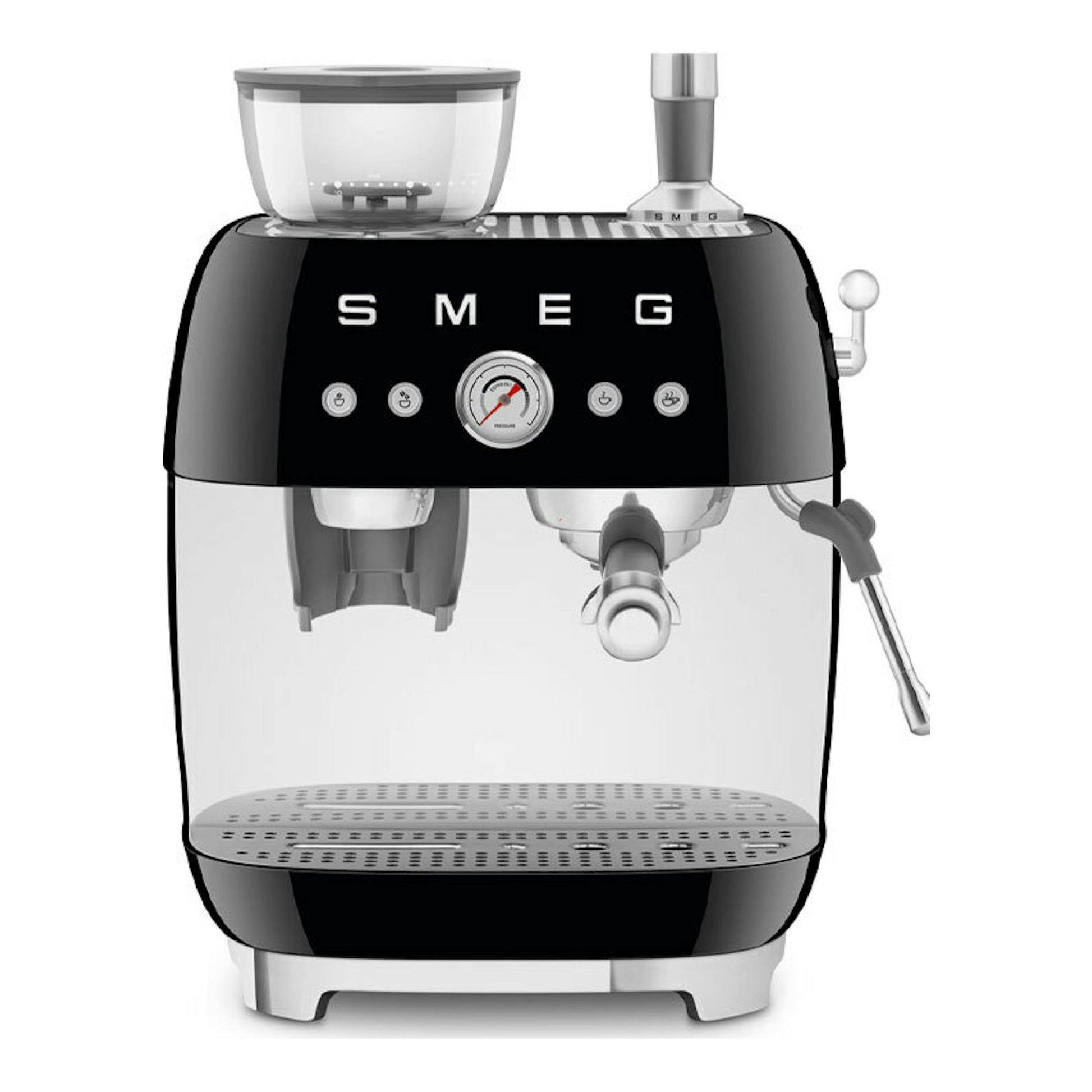 Cafetera espresso Smeg EGF03BLEU negra, vista frontal, con depósito y vaporizador.