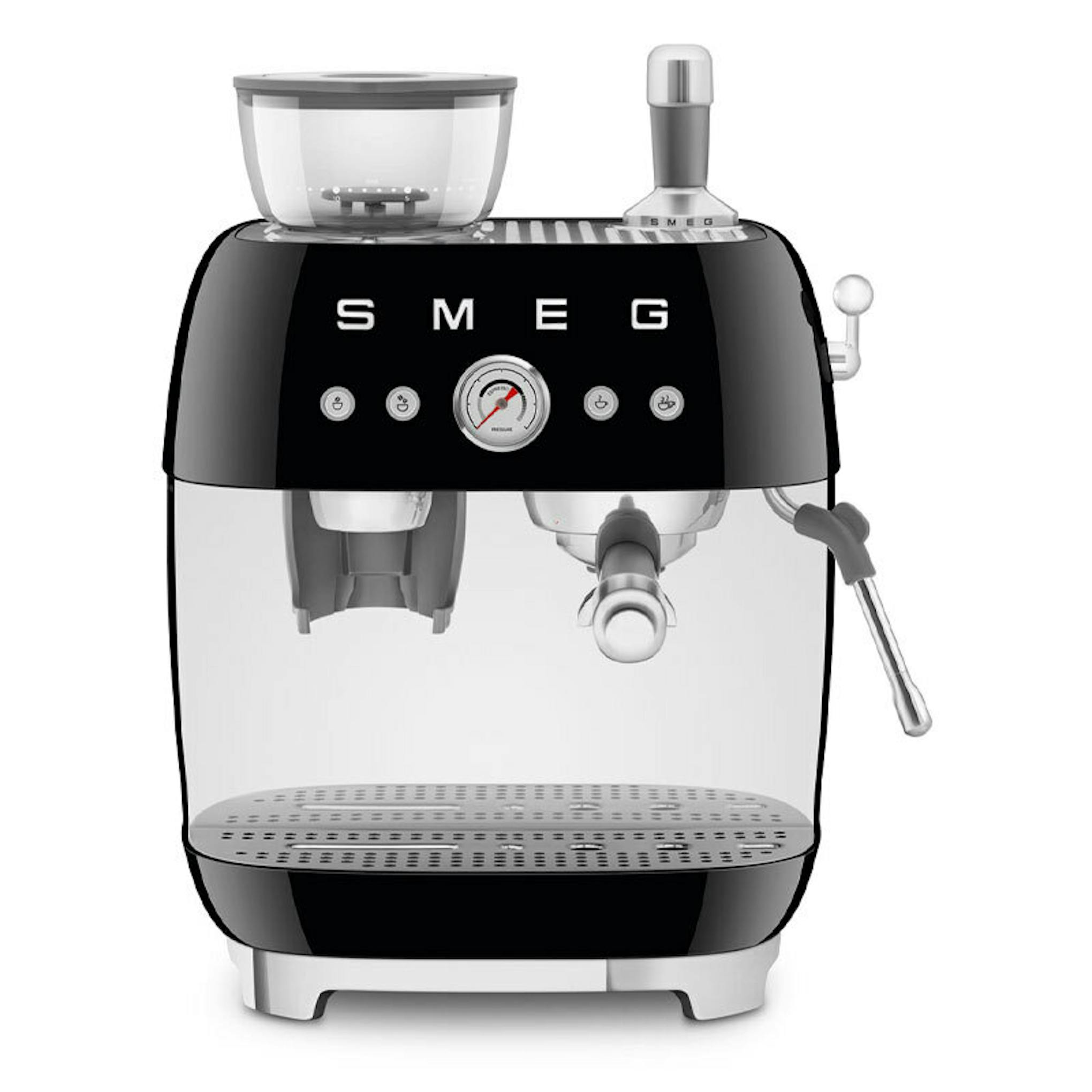 Cafetera espresso Smeg EGF03BLEU negra, vista frontal, con depósito y vaporizador.