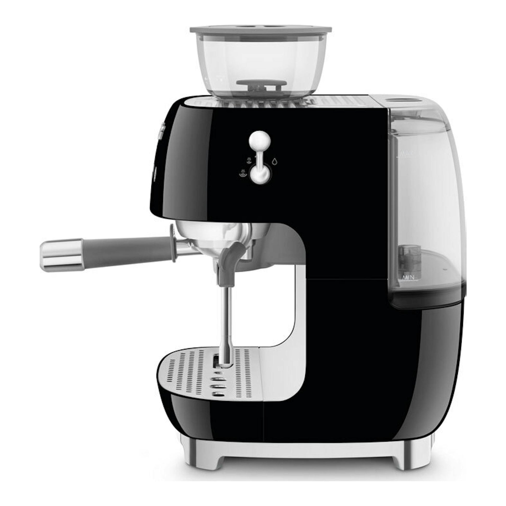 Cafetera espresso Smeg EGF03BLEU negra, vista frontal, con depósito transparente y brazo vaporizador.