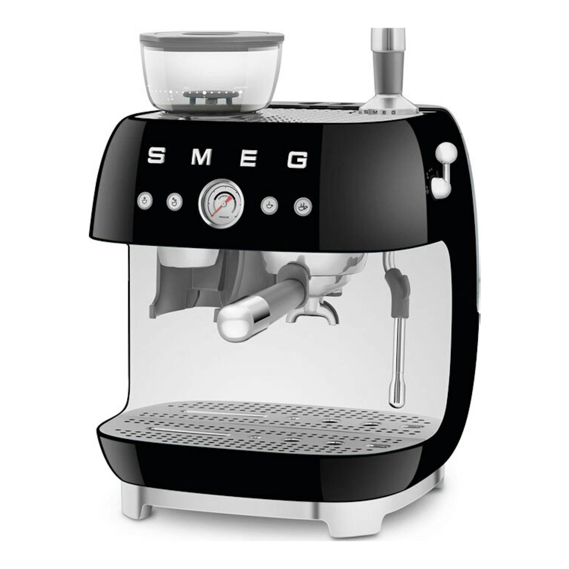 Cafetera espresso Smeg EGF03BLEU negra, vista frontal, con molinillo y lanzadera de vapor.
