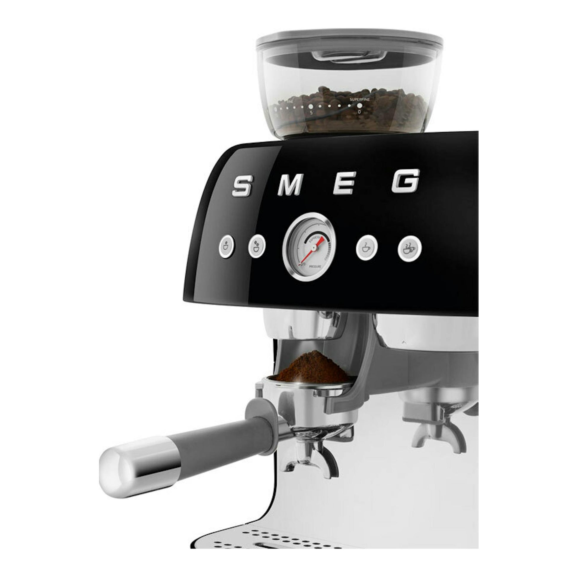 Cafetera expreso Smeg EGF03BLEU negra, vista frontal parcial, con depósito de granos y portafiltro.