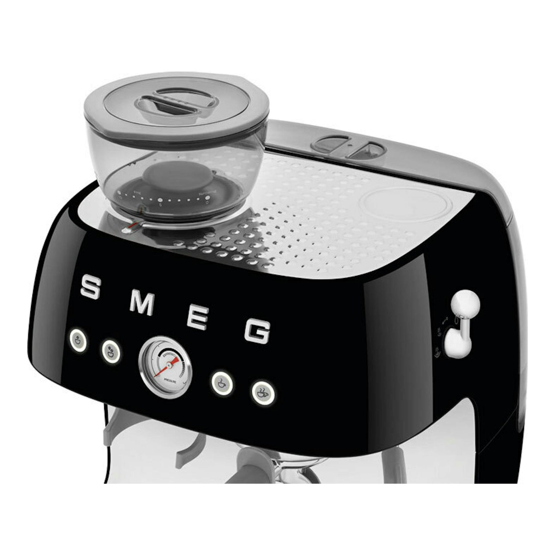 Cafetera espresso Smeg EGF03BLEU negra, vista frontal en tres cuartos, con depósito superior y mandos frontales.