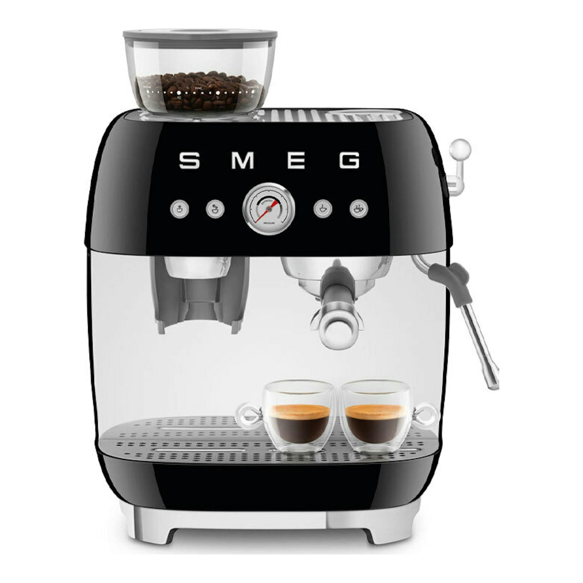 Cafetera espresso Smeg EGF03BLEU negra, vista frontal, con molinillo superior y dos tazas.