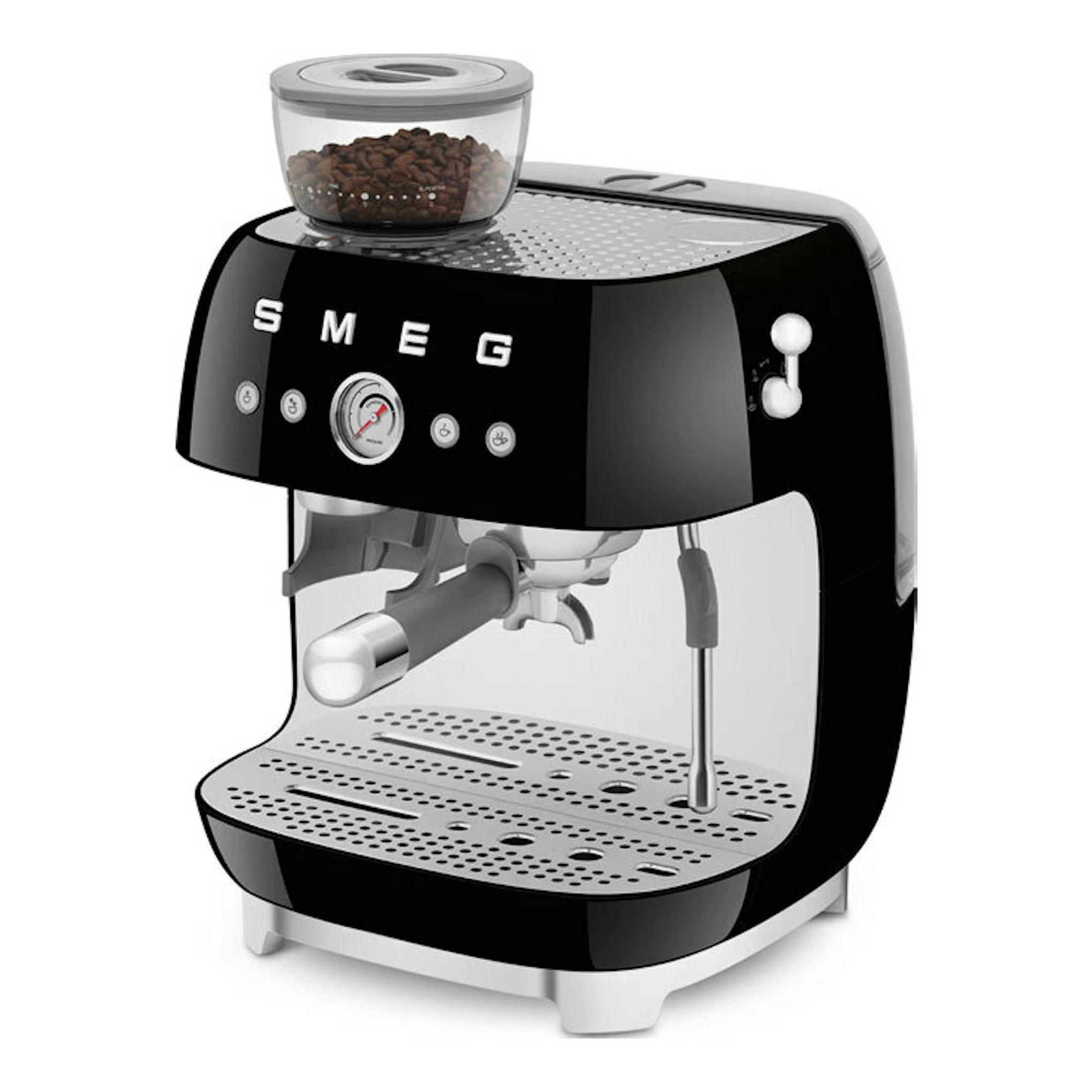 Cafetera espresso Smeg EGF03BLEU negra, vista frontal tres cuartos, con molinillo y depósito de granos.