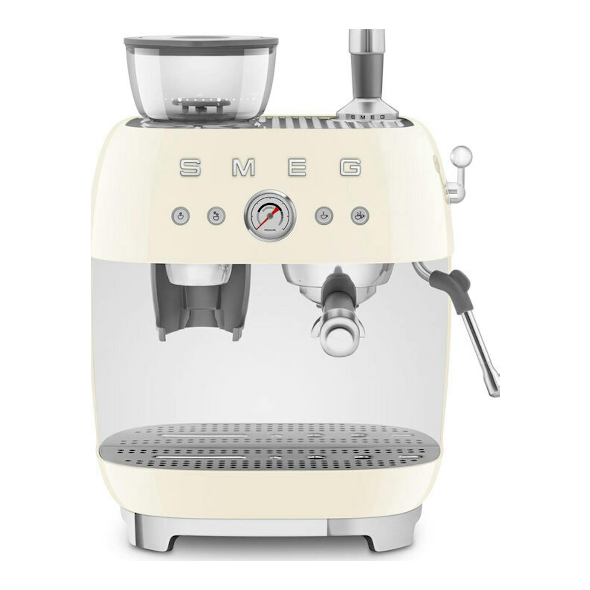 Cafetera espresso Smeg EGF03CREU color crema, vista frontal, con molinillo superior y manómetro central.
