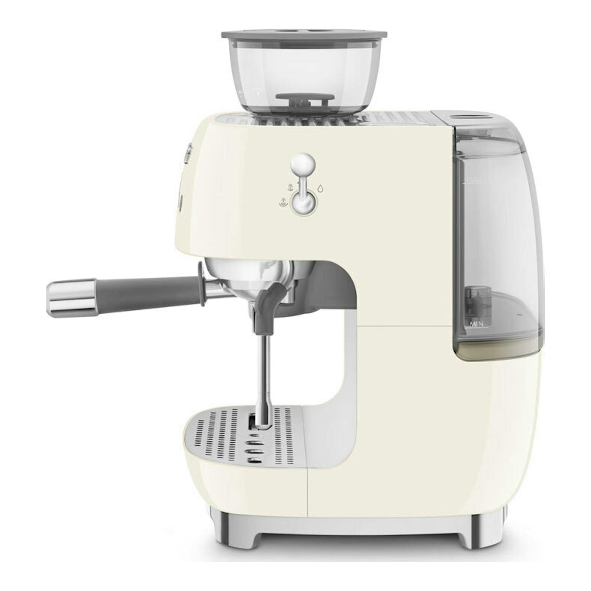 Cafetera espresso Smeg EGF03CREU crema, vista frontal en ángulo, con molinillo y vaporera.