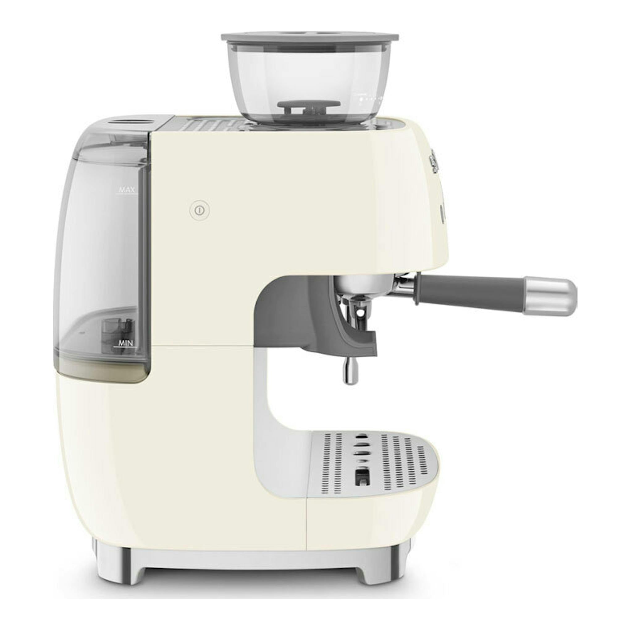 Cafetera espresso Smeg EGF03CREU crema, vista frontal, con depósito de agua lateral y portafiltro.