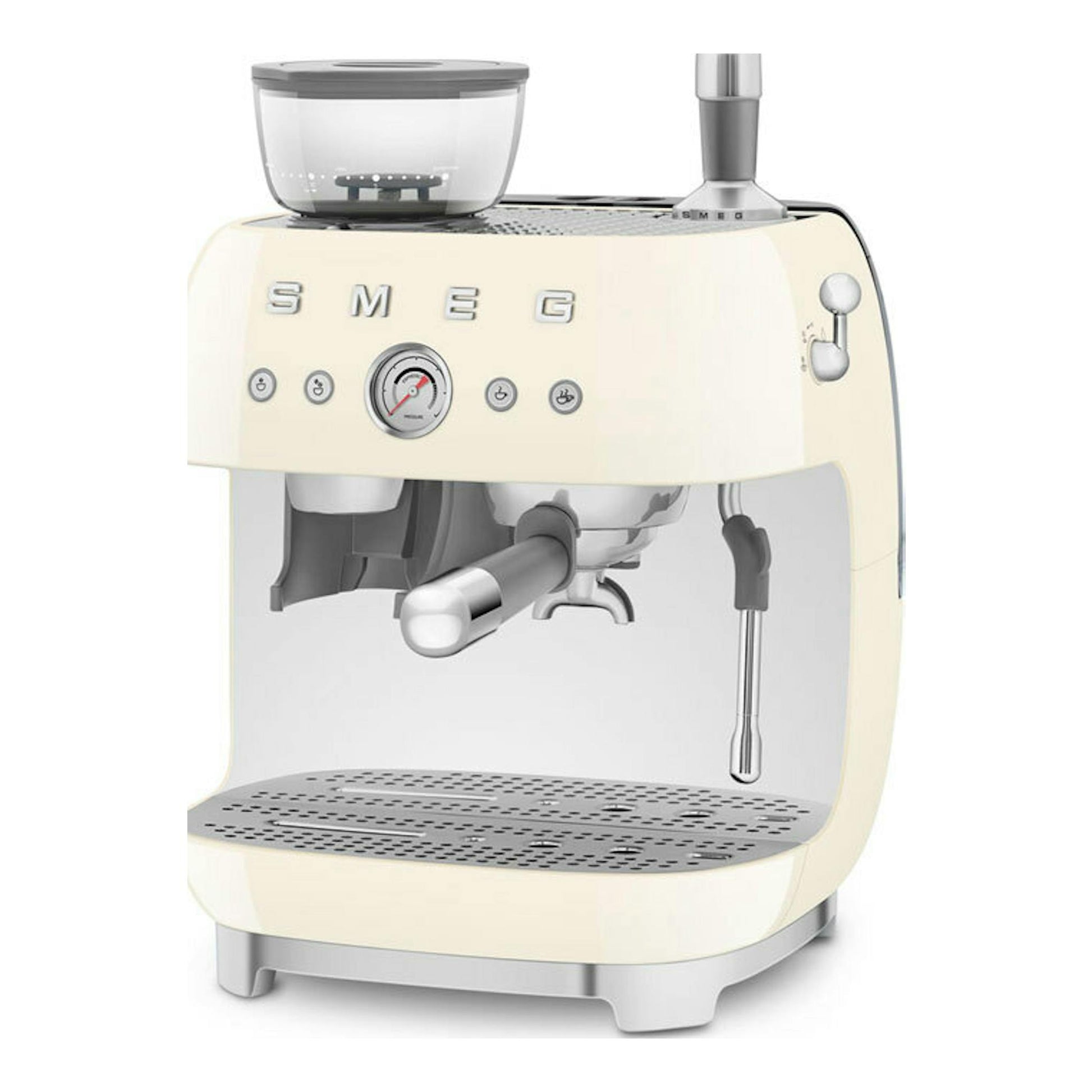 Cafetera espresso Smeg EGF03CREU crema, vista frontal con depósito superior, portafiltro y varilla.
