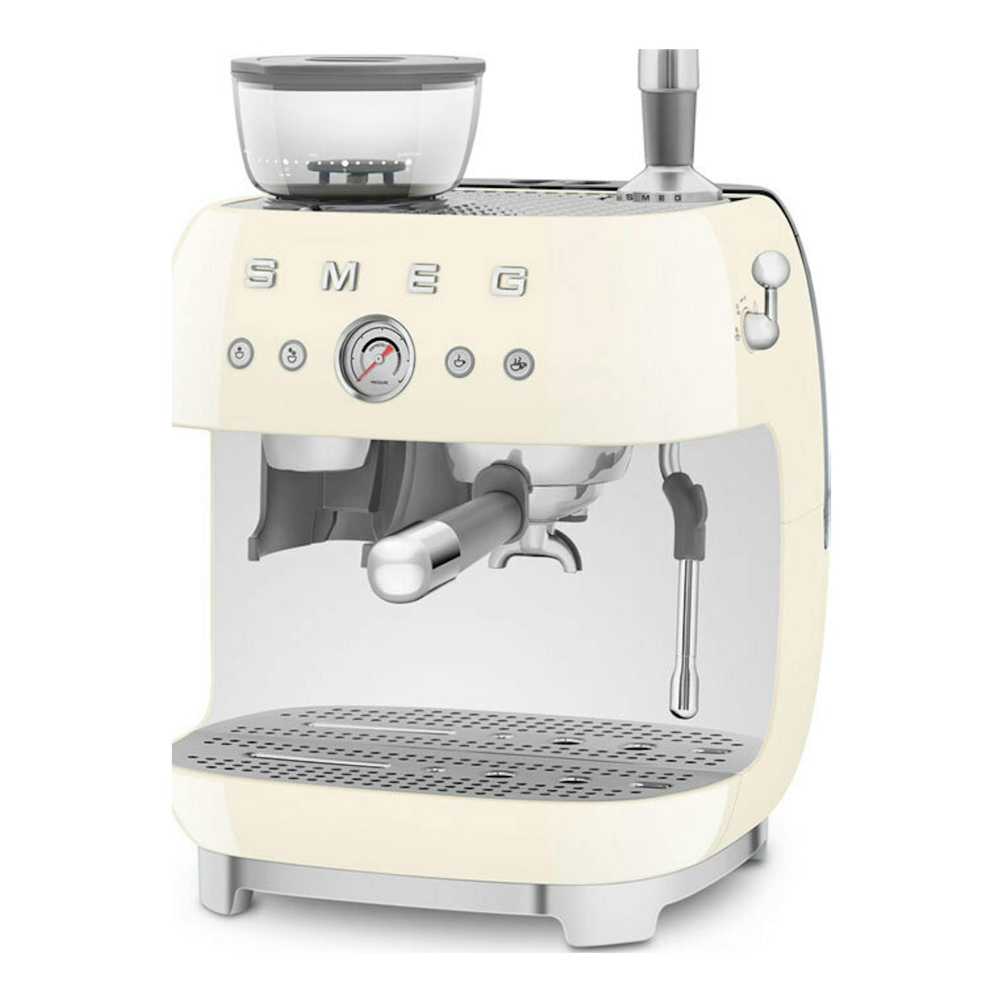 Cafetera espresso Smeg EGF03CREU crema, vista frontal con depósito superior, portafiltro y varilla.