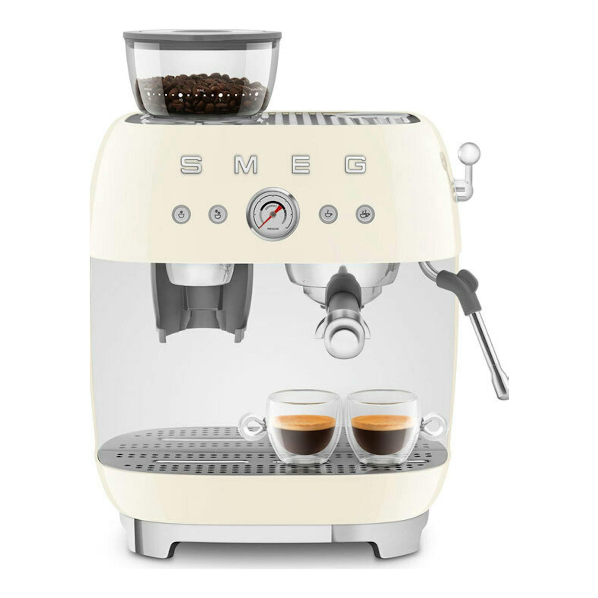 Cafetera espresso Smeg EGF03CREU color crema, vista frontal, con molinillo y dos tazas.