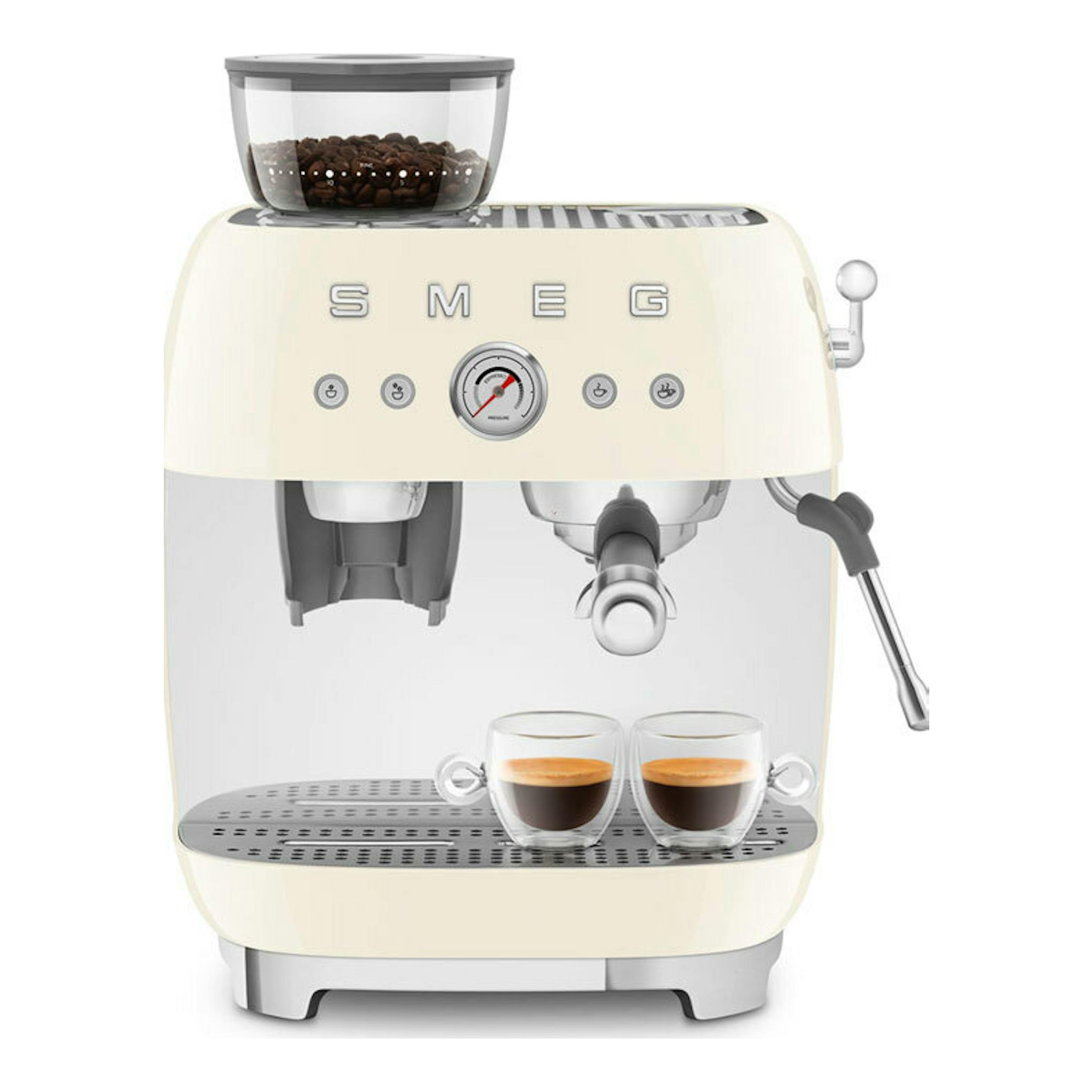 Cafetera espresso Smeg EGF03CREU color crema, vista frontal, con molinillo y dos tazas.