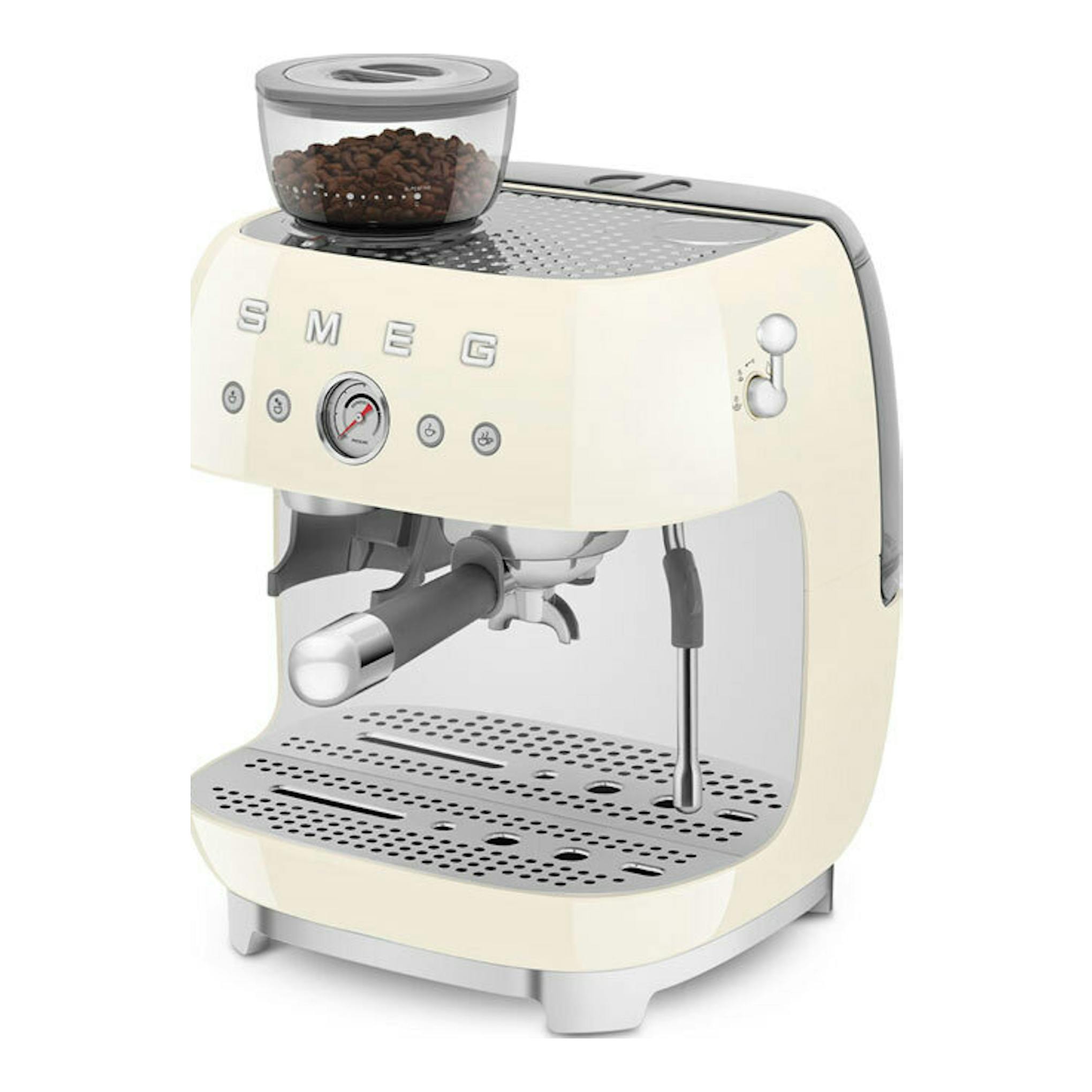 Cafetera espresso Smeg EGF03CREU color crema, vista frontal en tres cuartos, con molinillo y bandeja metálica.