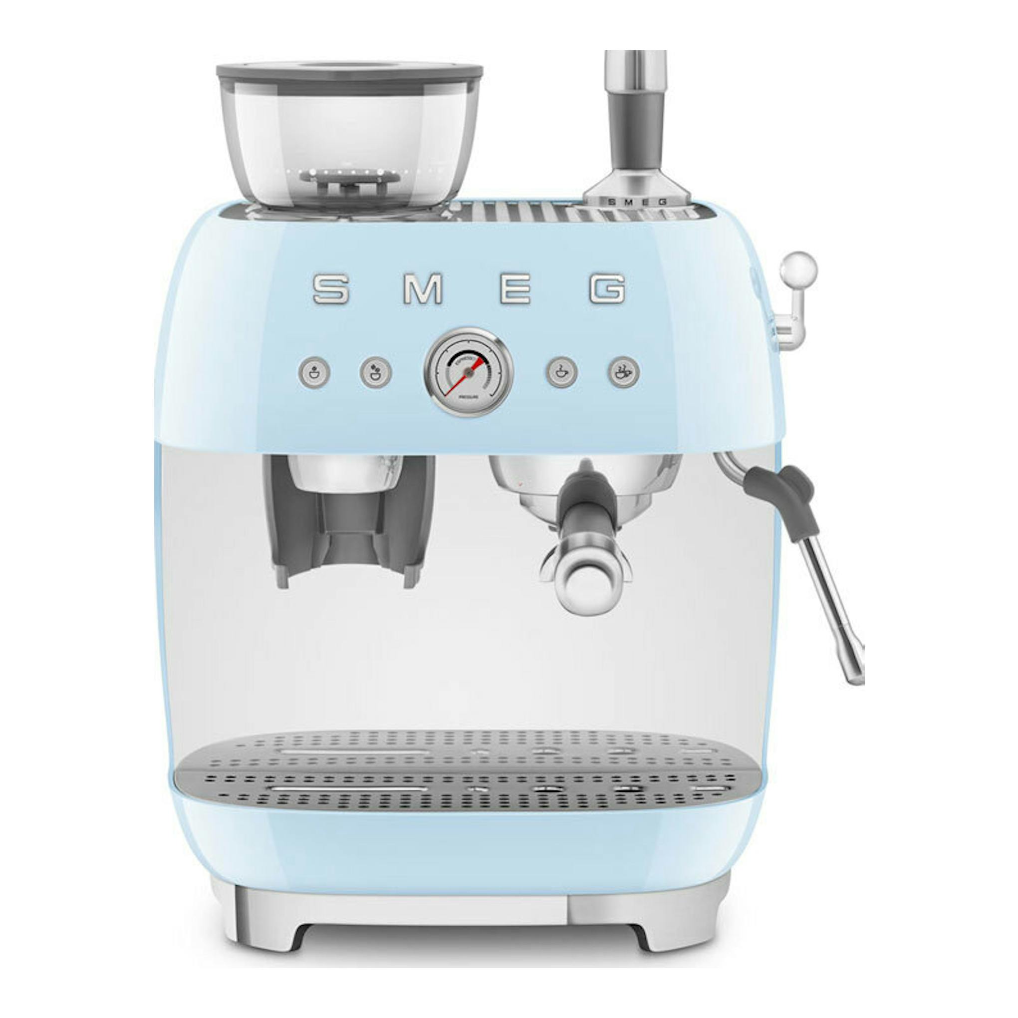 Cafetera expreso Smeg EGF03PBEU azul claro, vista frontal, con molinillo, manómetro y varilla vaporizadora.