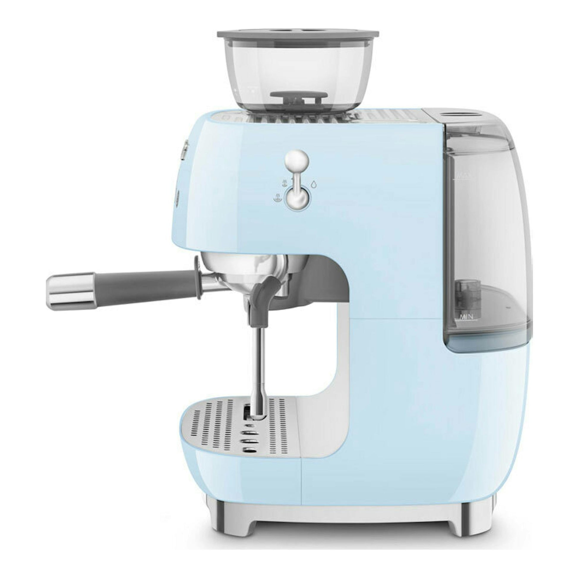 Cafetera espresso Smeg EGF03PBEU azul claro, vista frontal lateral, con portafiltro y vaporizador.