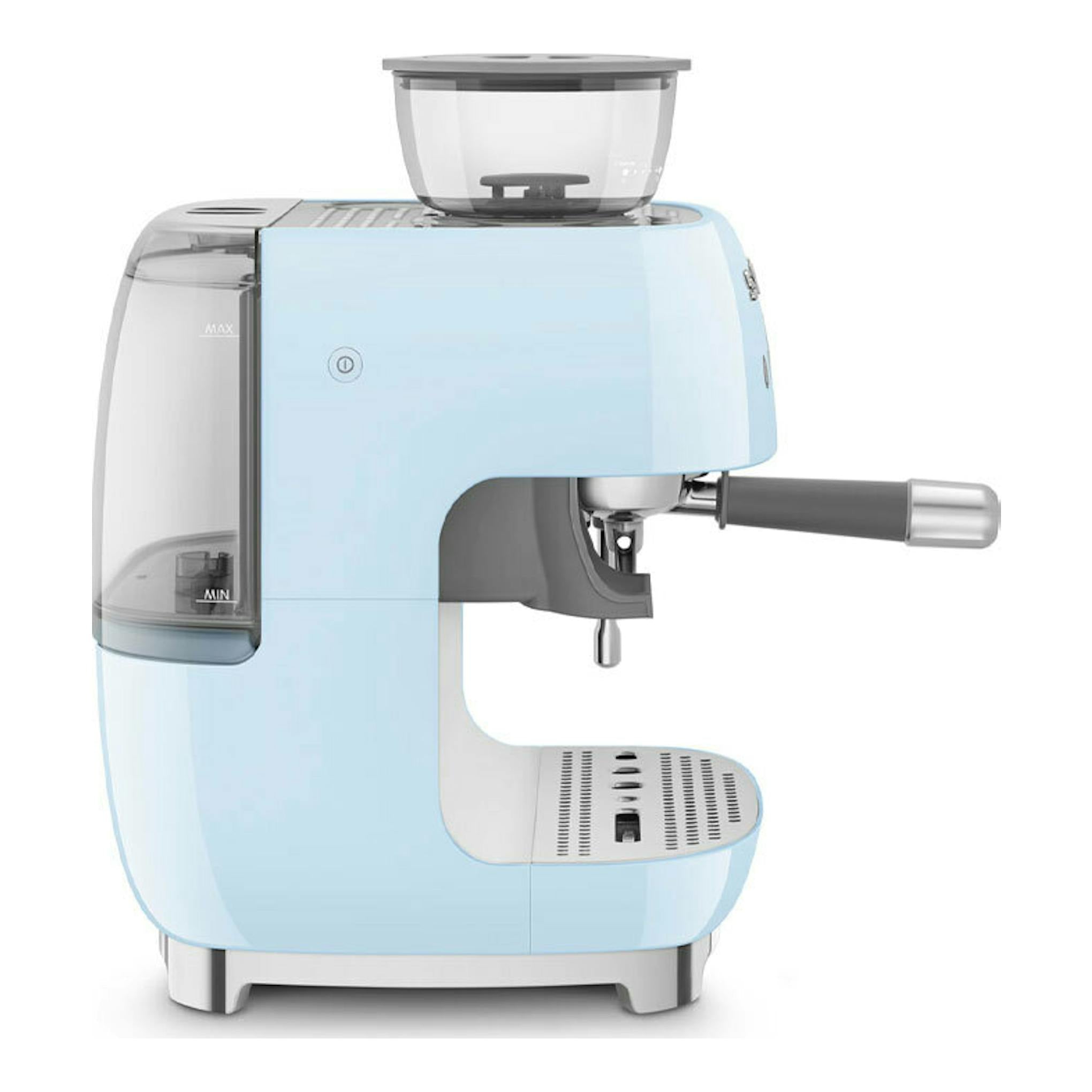 Cafetera espresso Smeg EGF03PBEU azul, vista frontal derecha, con depósito lateral y portafiltro.