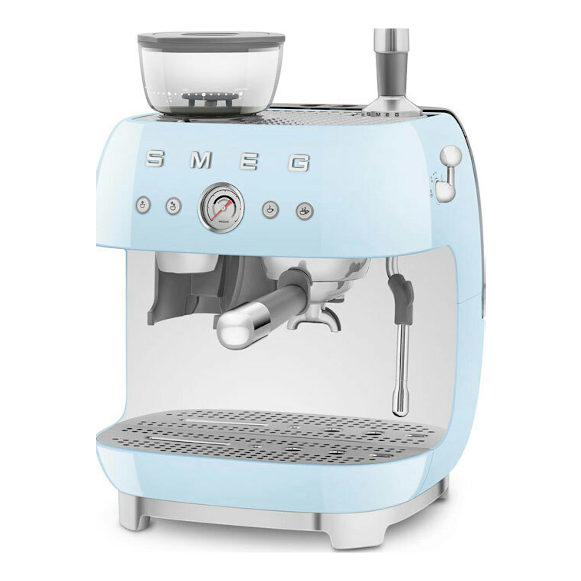 Cafetera espresso Smeg EGF03PBEU azul claro, vista frontal en tres cuartos, con molinillo y vaporizador.