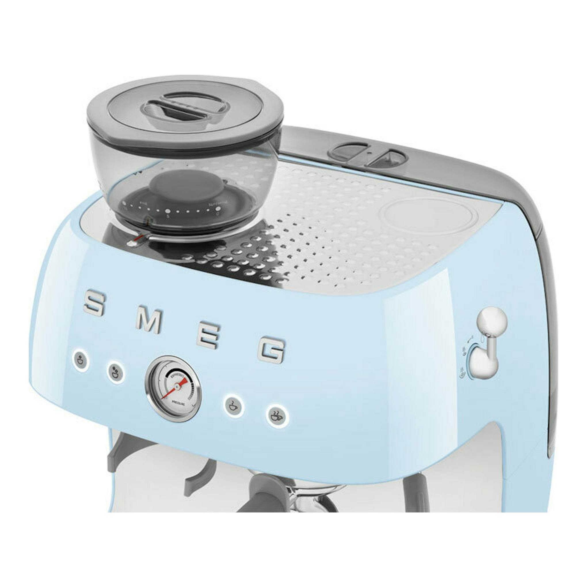 Cafetera espresso Smeg EGF03PBEU azul claro, vista frontal izquierda, con molinillo superior.